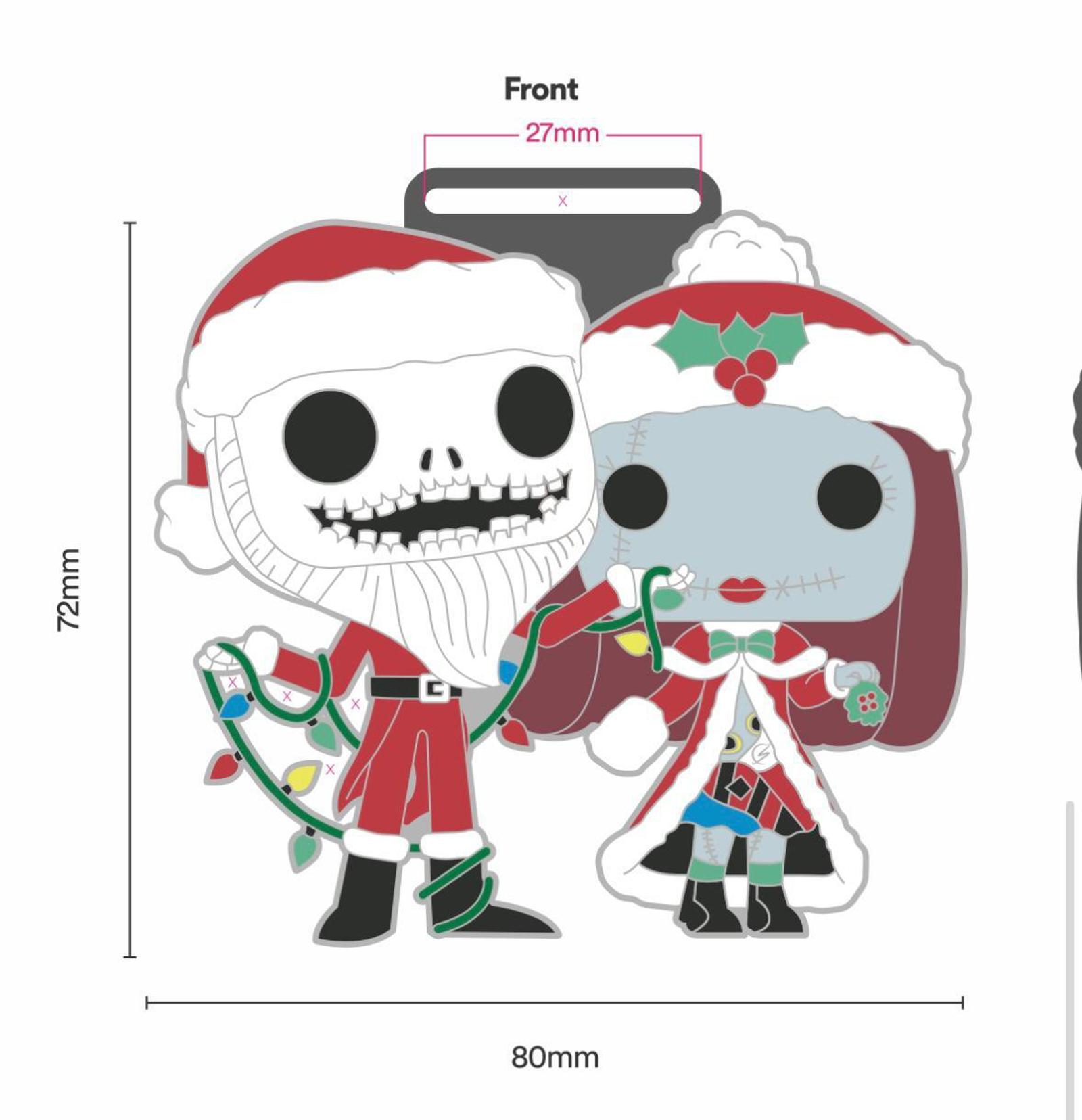 An illustration of two characters dressed in Christmas attire. One character, resembling a skeleton in a Santa outfit, holds a string of lights. The other, a doll-like figure in a festive dress, holds a gingerbread cookie. Dimensions are noted: 72mm tall and 80mm wide.