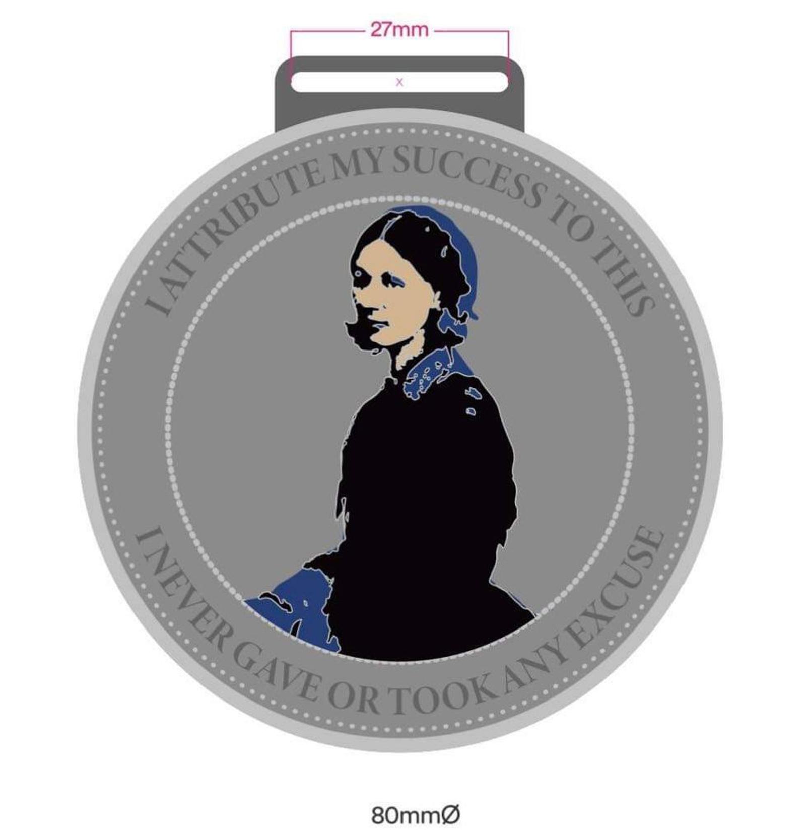 A circular medallion featuring an illustration of a historical figure in black attire. The border includes the text "I attribute my success to this I never gave or took any excuse." The medallion has a diameter of 80mm with a top bar measuring 27mm wide.