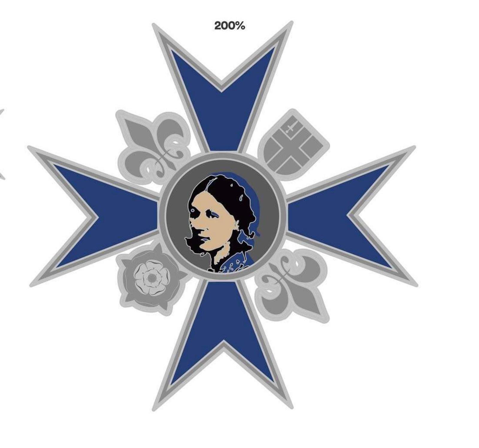 An emblem featuring a blue and silver Maltese cross with a portrait of a woman's face at the center. Surrounding the cross are a rose, a fleur-de-lis, and a book, symbolizing various elements of heritage and knowledge.