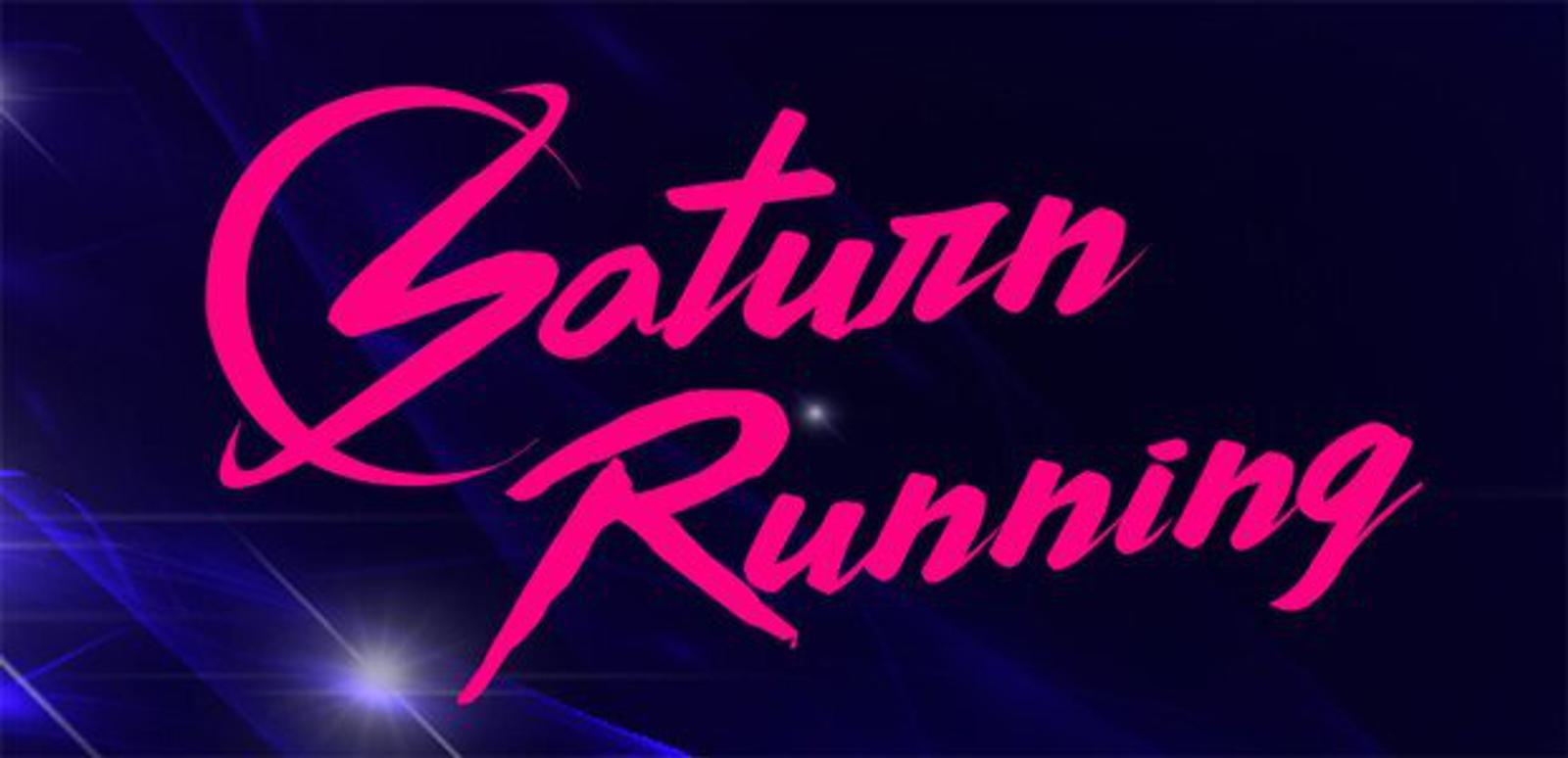 Bright pink, stylized text reading "Saturn Running" in a bold, cursive font against a dark blue, cosmic background with subtle star and light streak effects. Saturn's ring is incorporated into the letter "S.