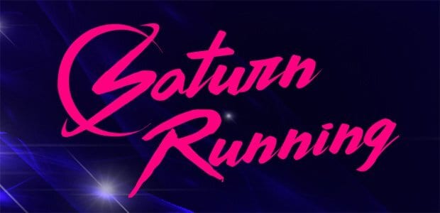 The image features the text "Saturn Running" written in bold, bright pink, stylized cursive on a dark blue background with light streaks and subtle sparkles, giving it a space-themed appearance. The "S" in "Saturn" is accented with a ring reminiscent of Saturn's rings.