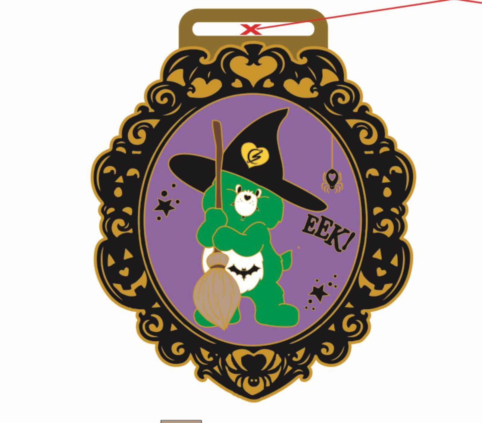 A decorative Halloween badge featuring a green bear dressed as a witch with a hat, holding a broom. The background is purple with black and gold ornate border. The bear has an open mouth as if shouting "EEK!" and there are small spooky elements around.