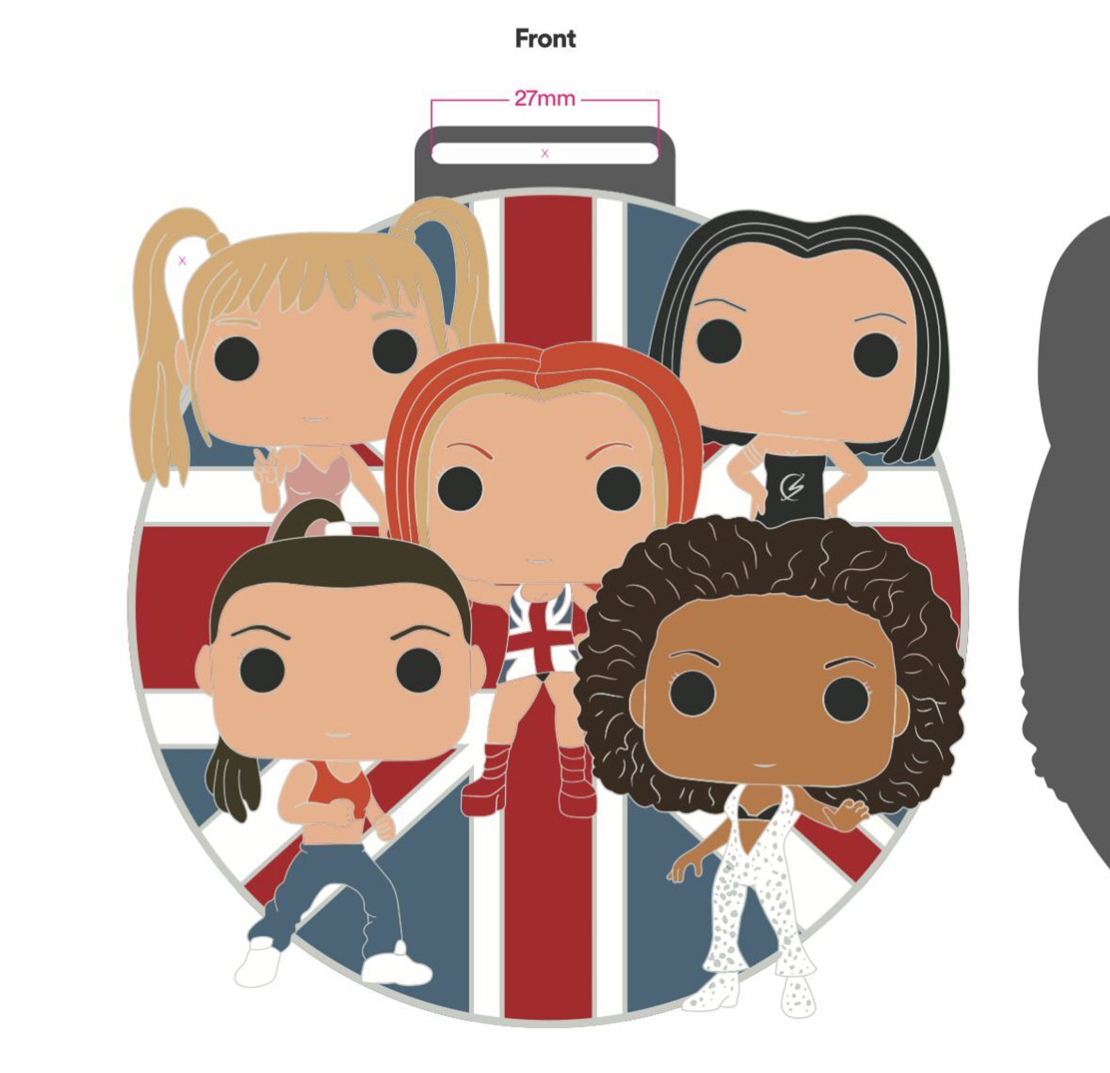 Illustration of five Funko Pop! figures in front of a circular background with the British flag. Each figure has a distinct hairstyle and outfit: blonde with pigtails, red-haired, black-haired in a bob, dark-haired in a ponytail, and curly brown-haired.