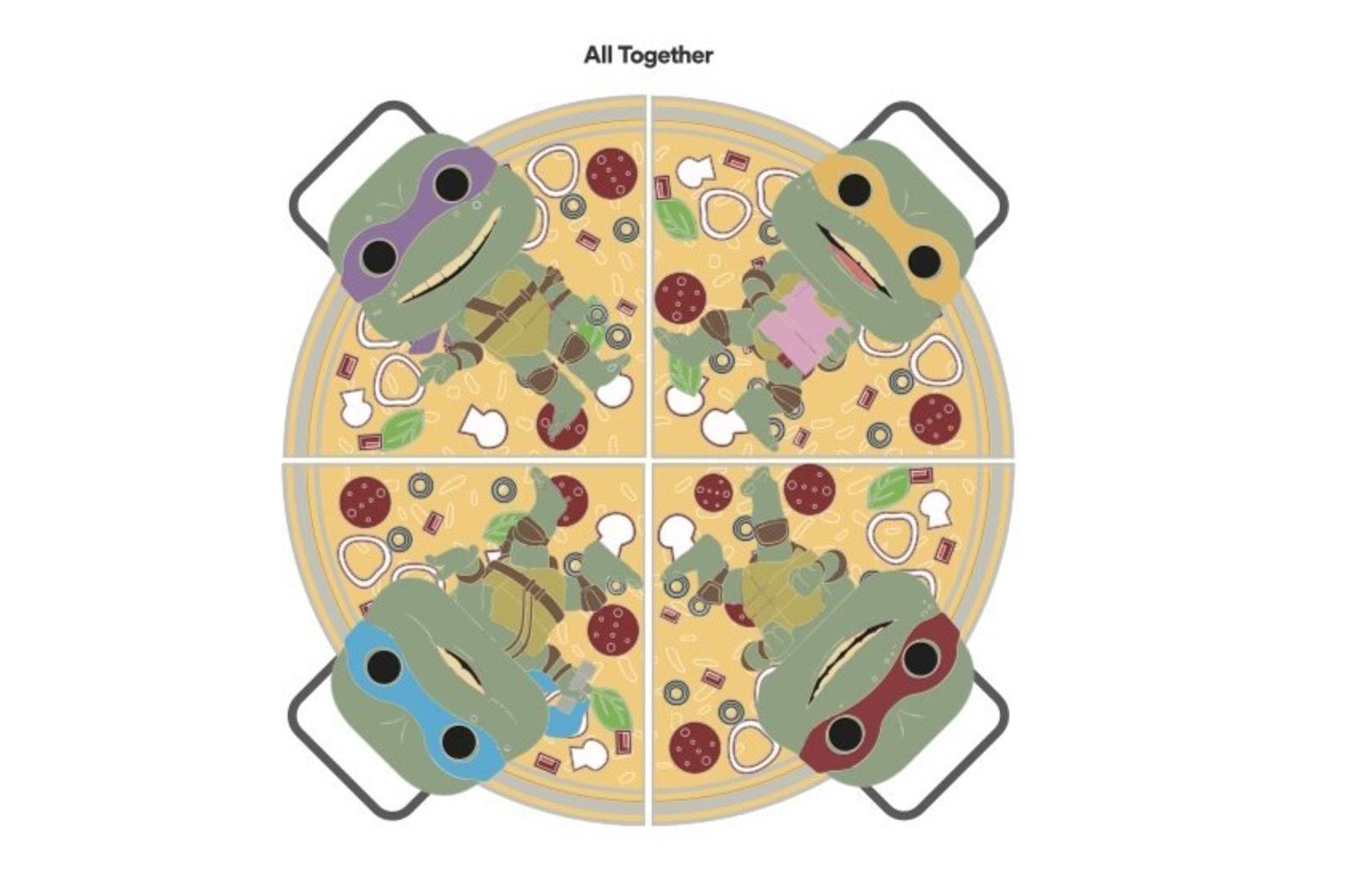 An illustration shows four turtles with different colored masks, each holding a slice of pizza. The pizza is divided into four sections, and the turtles are placed around it, head first, creating a circular pattern. The text "All Together" is positioned above the image.