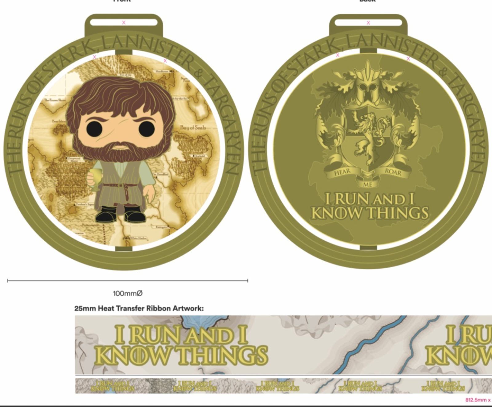A round, gold-colored commemorative coin featuring a stylized character in medieval garb on one side, set against an antique map background, and a heraldic direwolf with the text "I Run And I Know Things" on the other side. The edges read "Stark Lannister Targaryen.