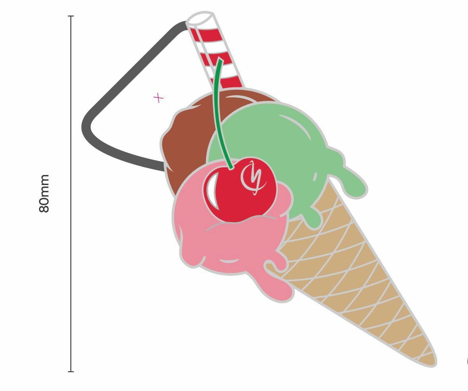 Vector illustration of an ice cream cone with three scoops of ice cream in green, brown, and pink. Topped with a red cherry and a striped straw, with measurements showing the height as 80mm.