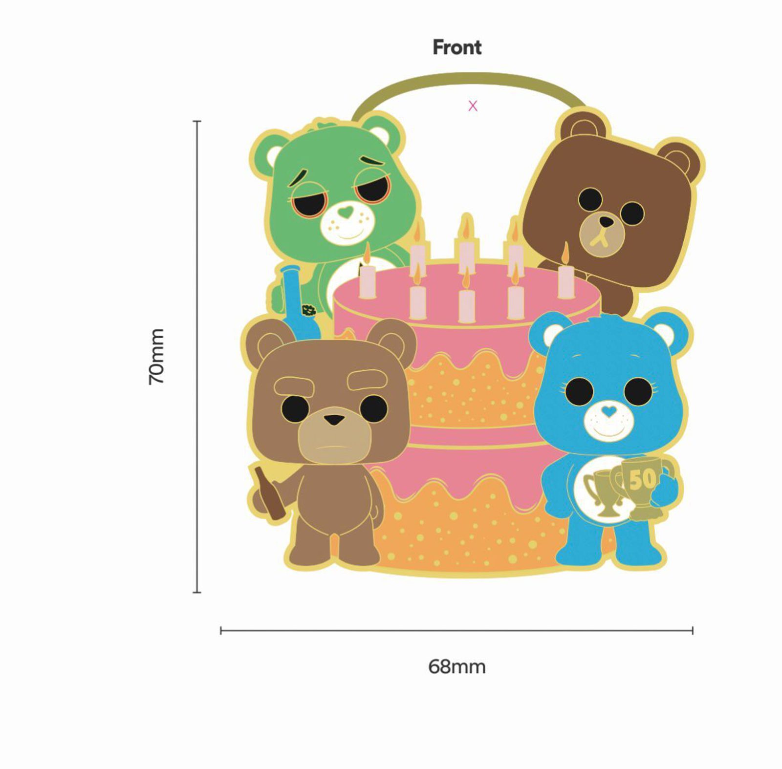 Four cartoon bears are gathered around a large birthday cake with candles. The bear on the left is green, the middle bear is brown, the one on the right is blue holding a gift, and the one in front is holding a thumb up. The image is 70mm tall and 68mm wide.