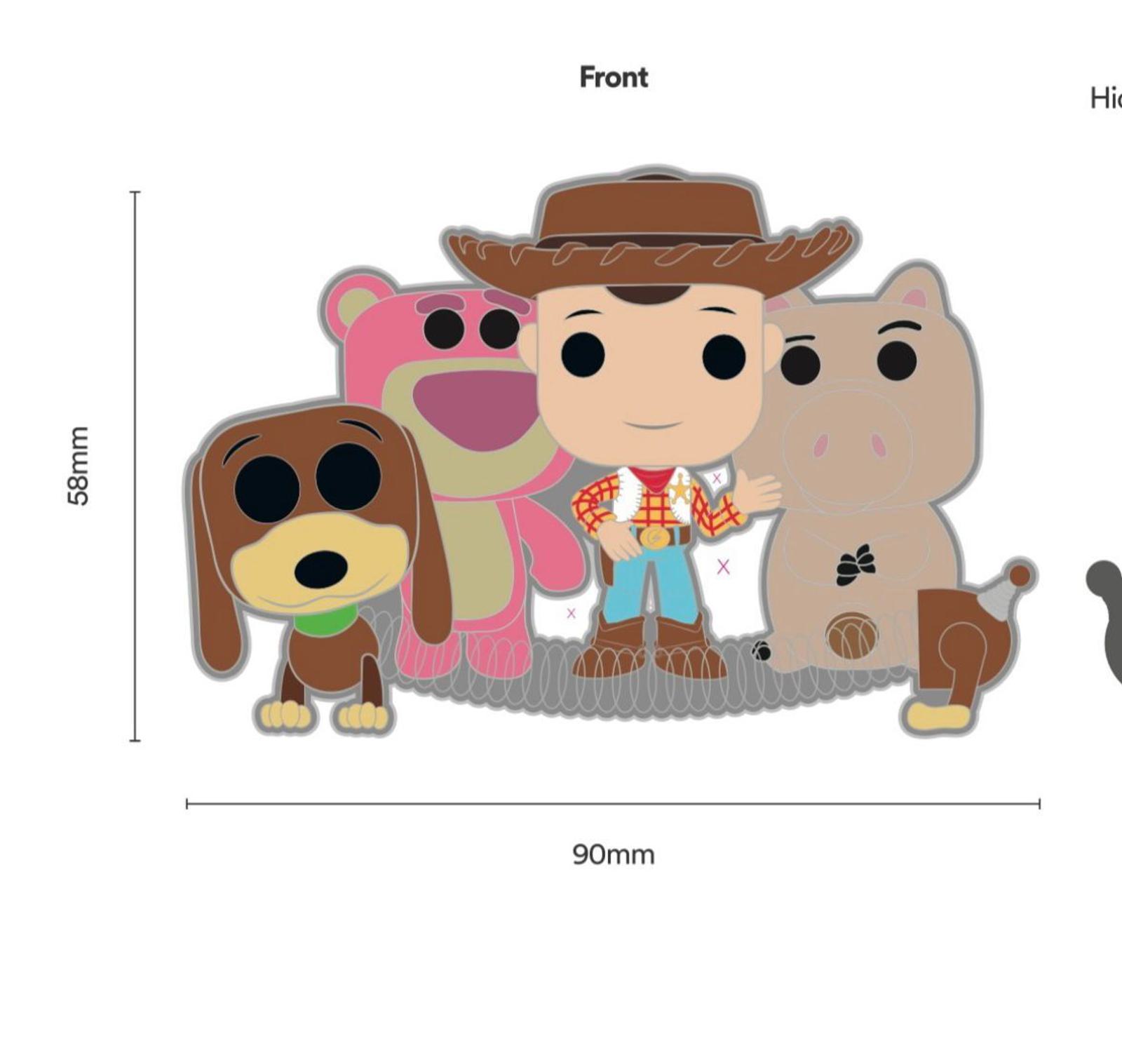 Image of five cartoon-style toy figures: a brown dog, a magenta bear with white face and feet, a cowboy in brown hat and boots, and brown vest over a red and yellow checked shirt, a piggy bank, and a potato-shaped figure, all lined up in front of a white background.