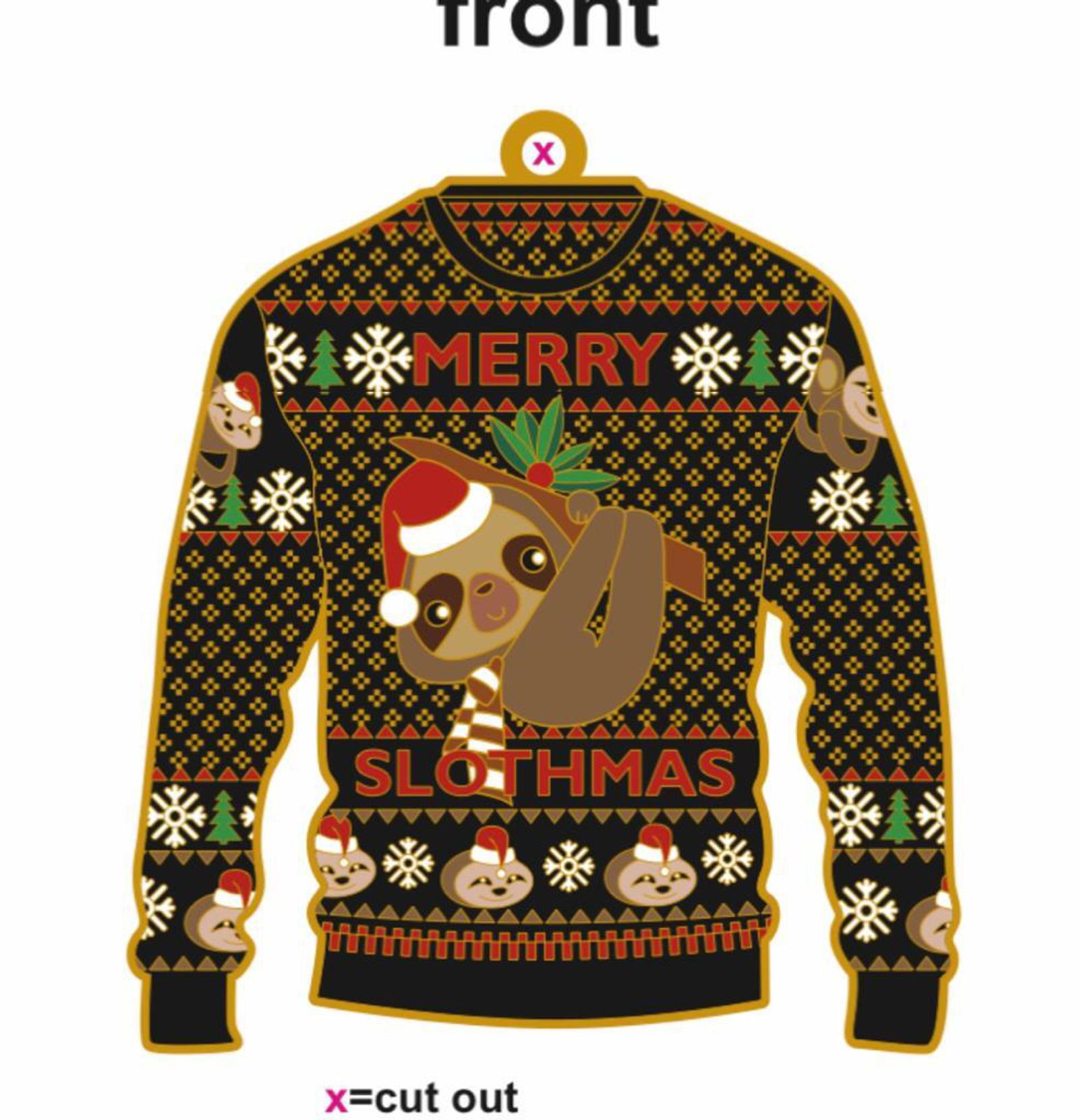A Christmas sweater featuring a festive design with a sloth wearing a Santa hat hanging on a branch. The sweater has the text "Merry Slothmas" and is adorned with snowflakes, ornaments, and additional small sloth illustrations.