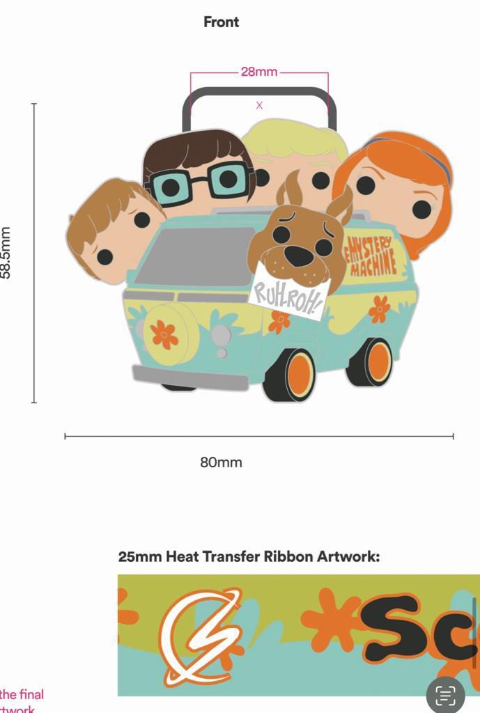 Illustration of the Mystery Machine with four cartoon heads sticking out of the top and one head (a dog) hanging over the front, labeled "Ruh Roh." Dimensions are shown: 83.5mm height, 80mm width, and 28mm head width. Below, a 25mm ribbon with graphics.
