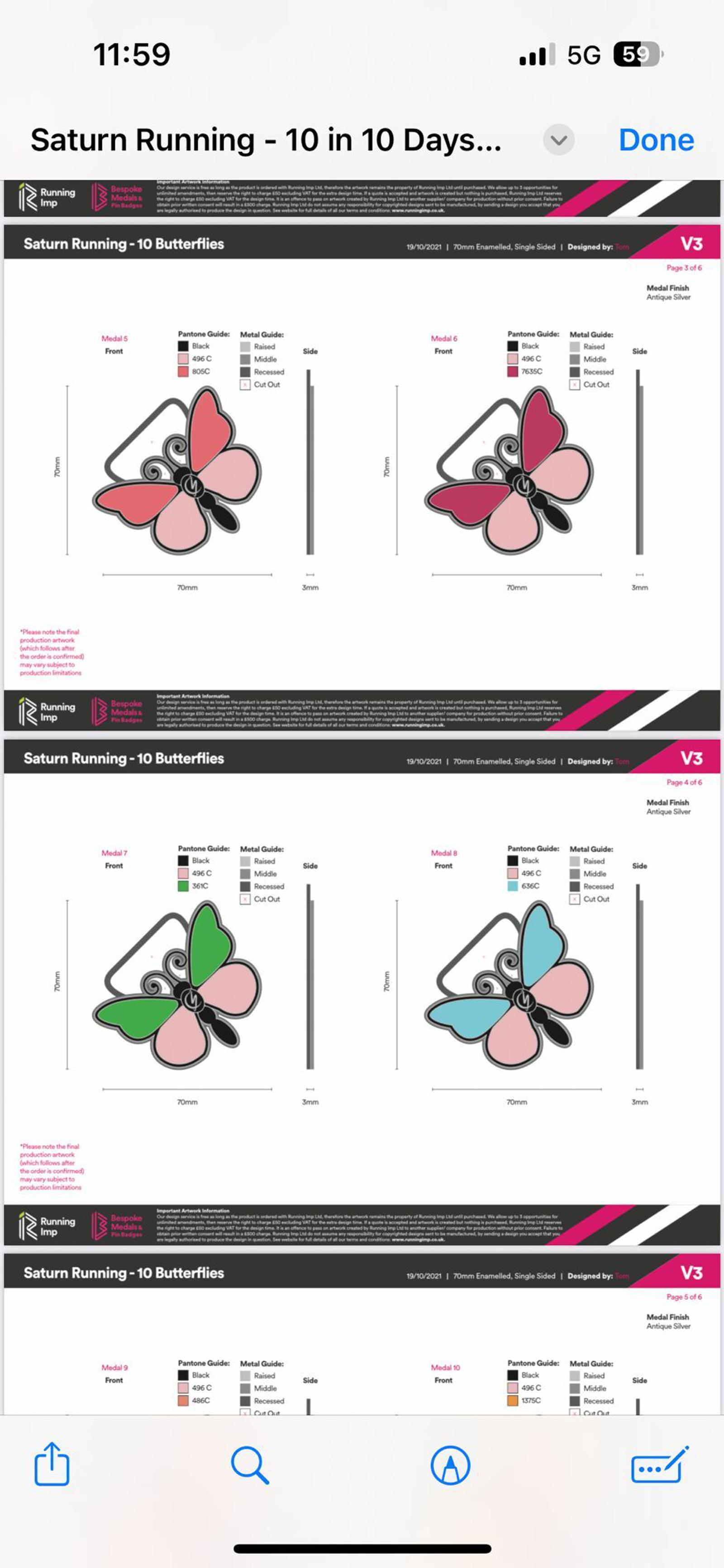 Diagram comparing two stylized butterfly designs for "Saturn Running - 10 Butterflies" with label options, wing colors (pink and green), and specifications shown in a labeled layout. The upper design is mainly pink, and the lower one is primarily green.