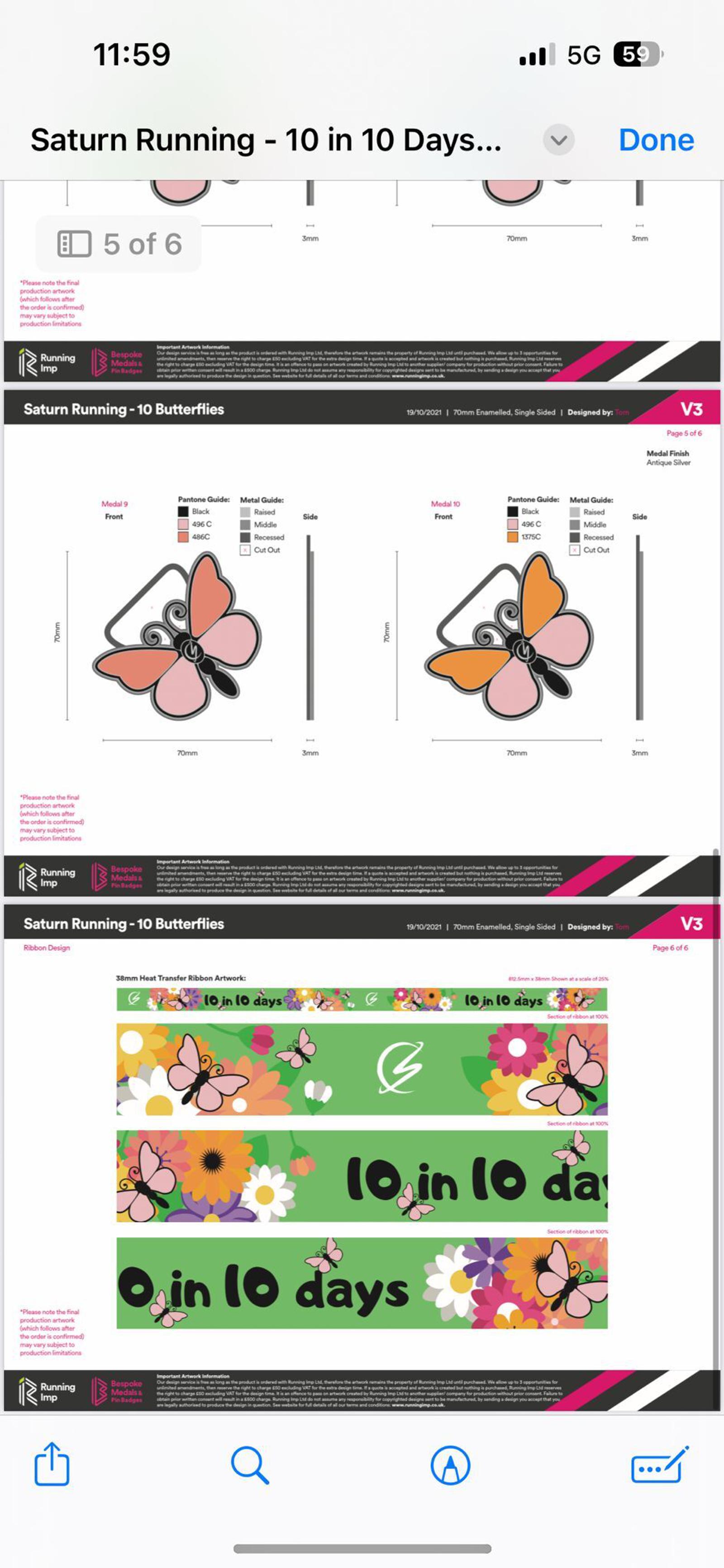 Screenshot of a design layout on a mobile device for Saturn Running - 10 in 10 Days. It shows two designs featuring butterflies, one with a single butterfly and the other with multiple butterflies and flowers with the text "10 in 10 days" on a green background.