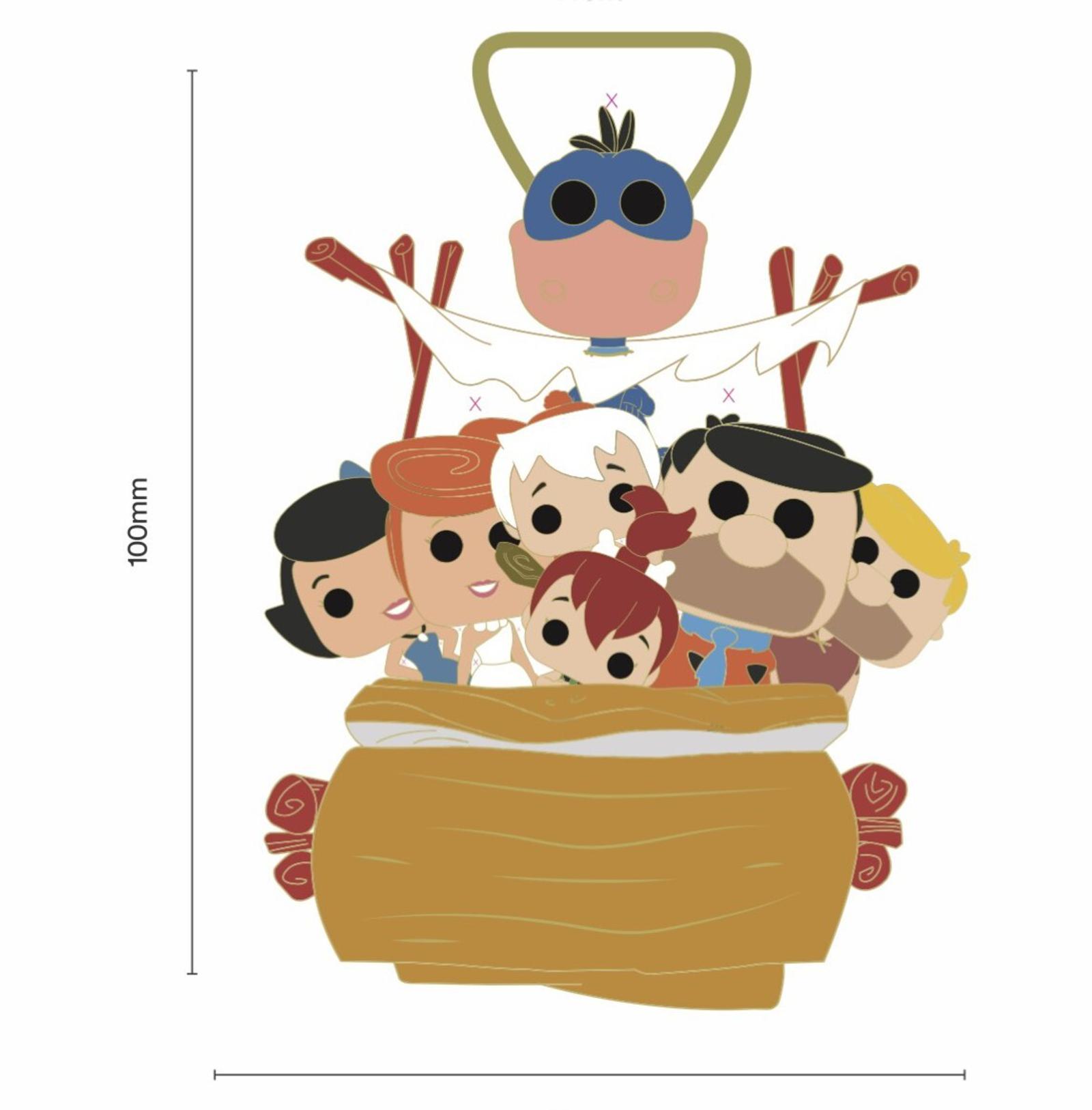 Illustration of seven stylized cartoon characters in a wooden basket. The basket is suspended by a contraption held by a character wearing big blue goggles. The image includes measurements showing the height of the illustration as 100mm.