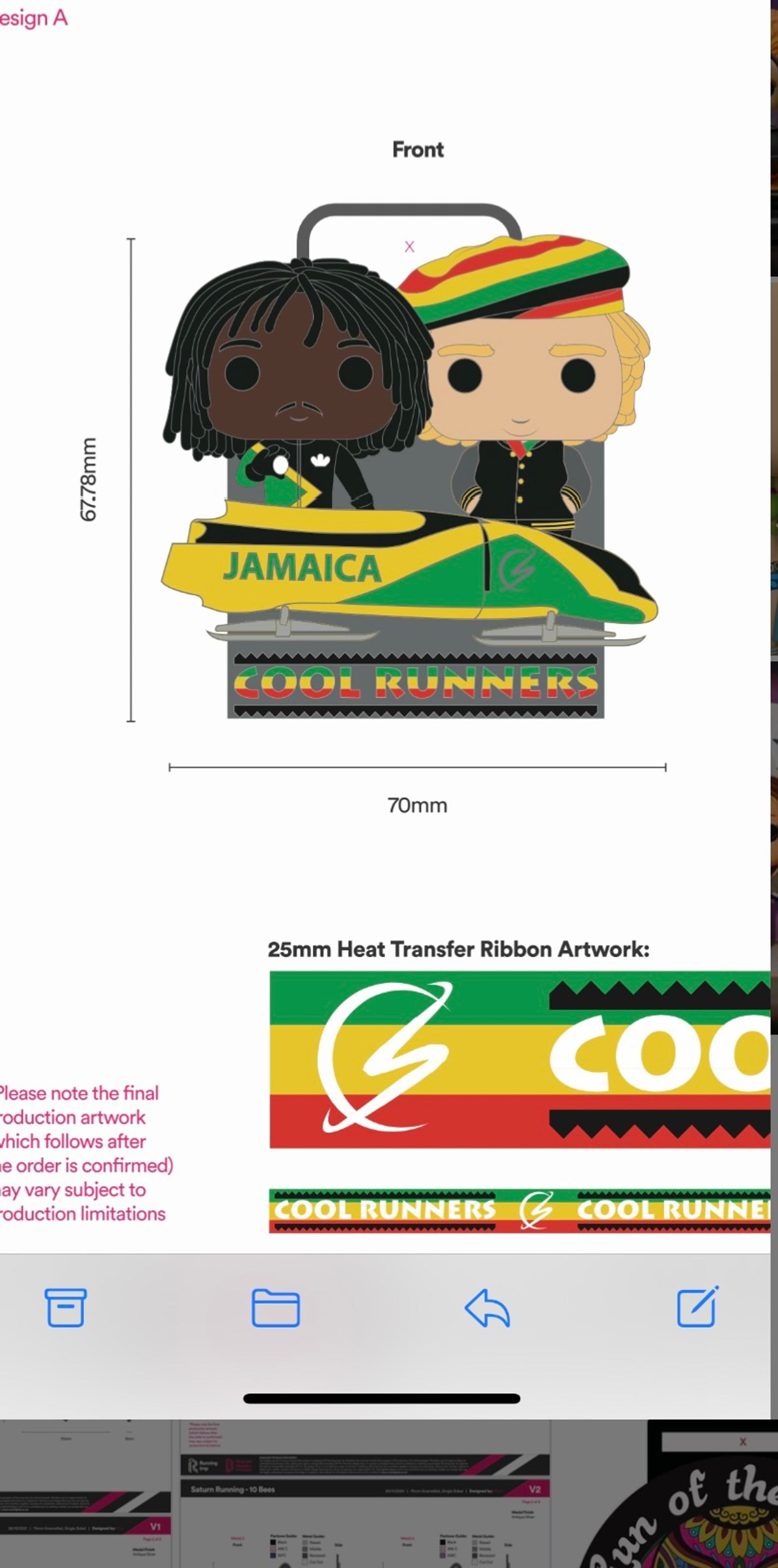 Illustration of two stylized characters, one with dreadlocks and one with blonde hair, standing on top of a bobsled with "Jamaica" written on it. The sled has a bright yellow and green design, with dimensions marked as 67mm high and 70mm wide.