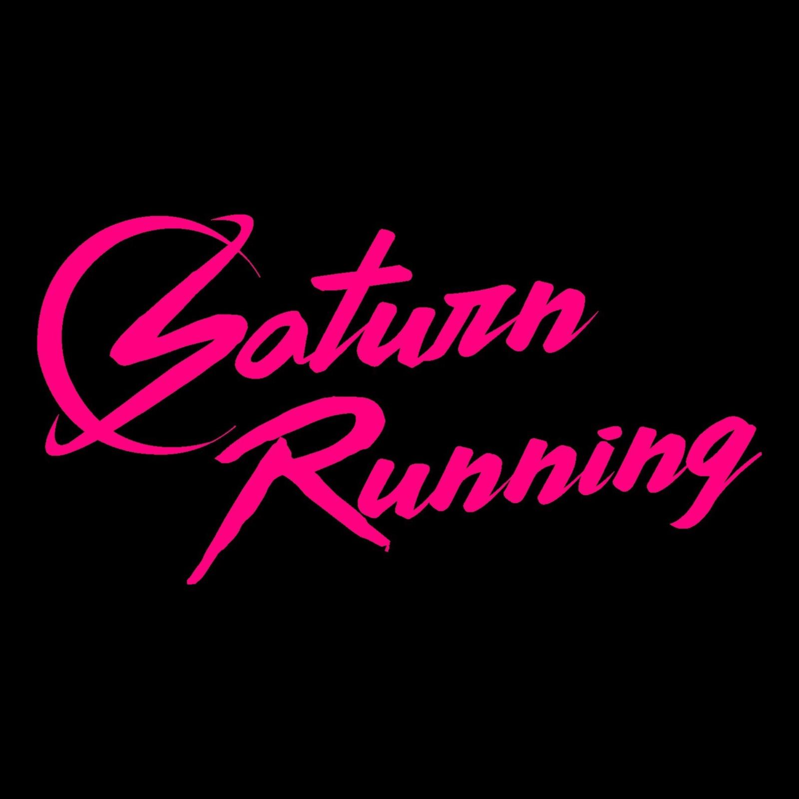 The image contains the text "Saturn Running" in bright pink, stylized cursive font. The capital "S" has a swooping tail that encircles part of the letter. The background is black, which makes the text stand out prominently.