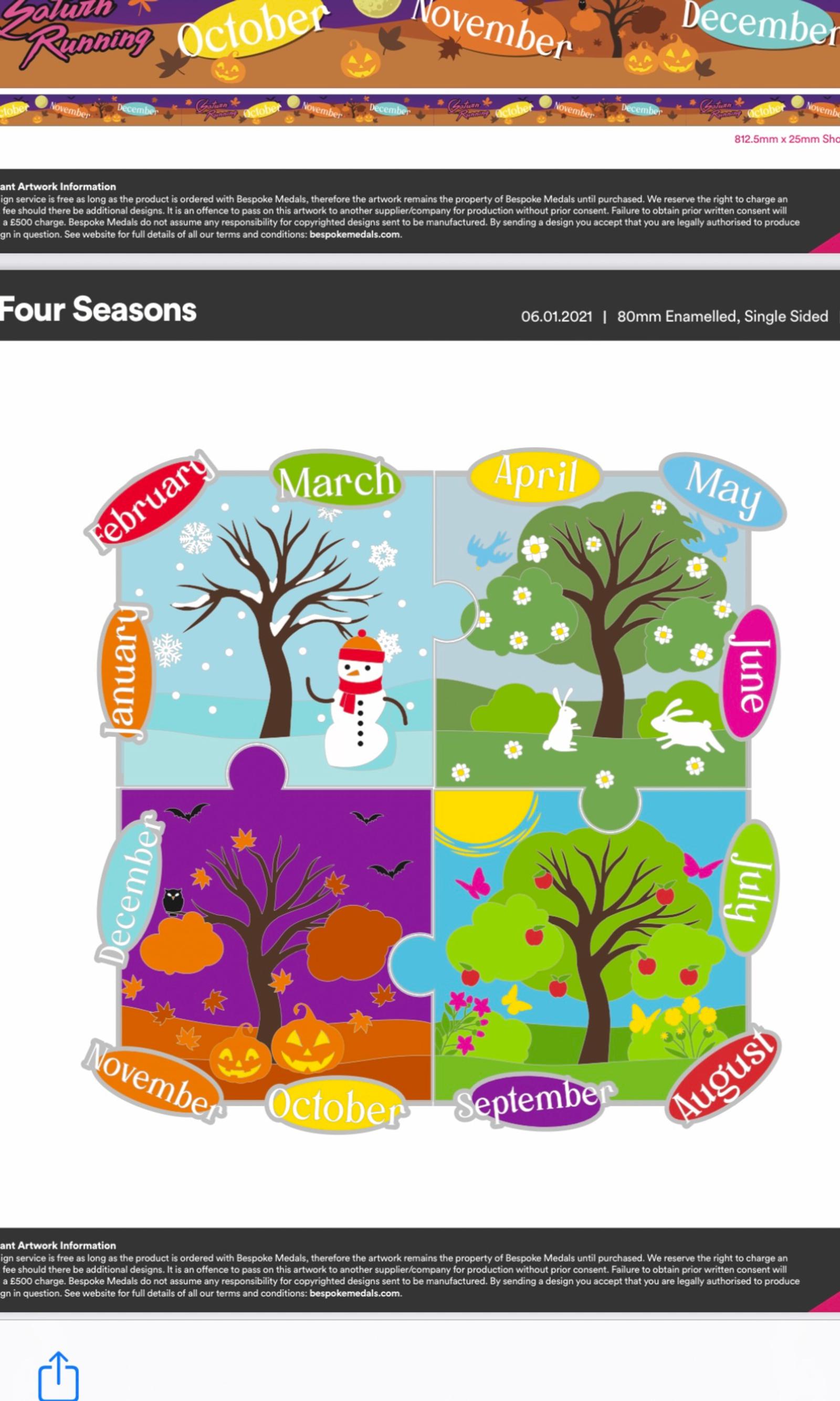 A colorful illustration of the four seasons represented within a circular design. Each season is depicted with characteristic elements: winter (snow and snowman), spring (flowers and rain), summer (sun and beach), and autumn (fallen leaves). The months are labeled around the edge.