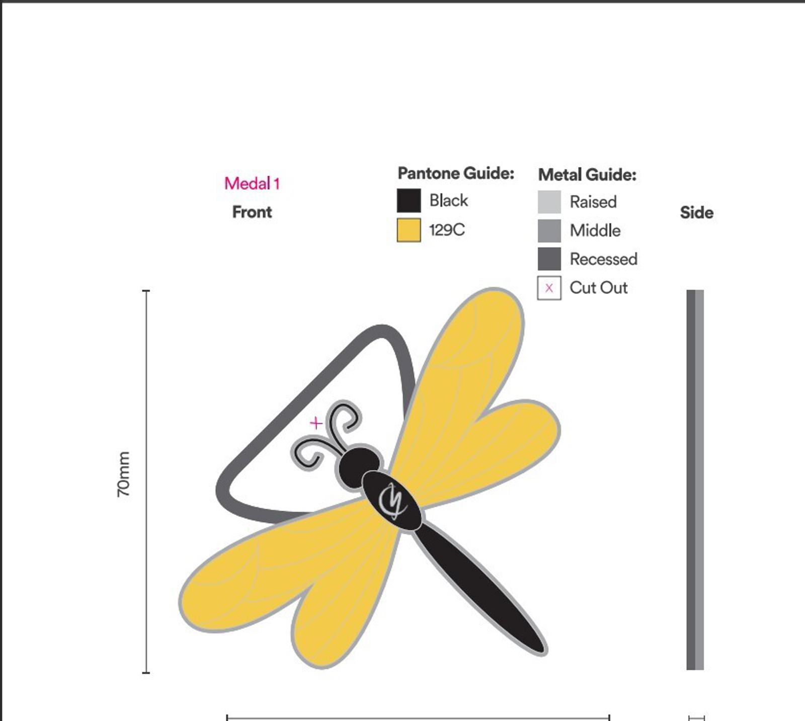 An illustrated diagram of a yellow and black dragonfly medal design. The front view shows yellow wings with a black body, while the side view indicates the metal guide specifications: raised, middle, recessed, and cut-out sections. The height is marked as 70mm.