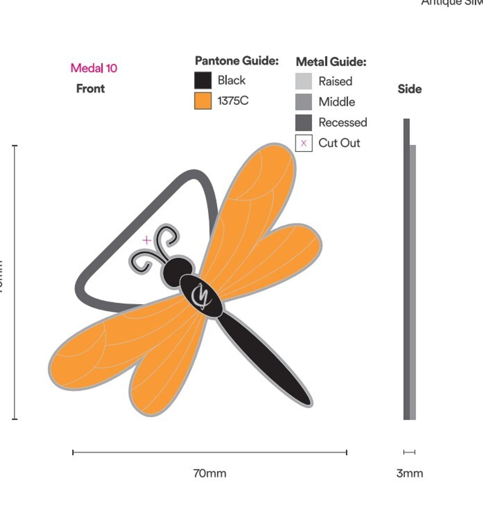 An illustration of a medal in the shape of an orange dragonfly with a black head and body. The front view shows design elements like Pantone color guides (black and 1375C) and metal guides. Dimensions are noted: 70mm wide, 3mm thick. Side view included.