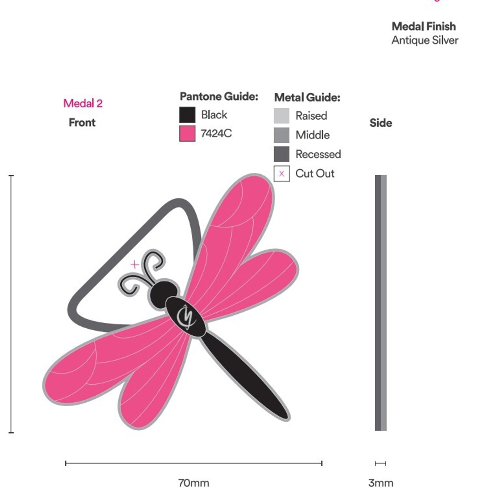 A design diagram of Medal 2 for a butterfly-shaped medal, featuring a front and side view. The wings are pink (Pantone 7424C), and the body and antennas are black. The medal has an antique silver finish, measures 70mm in width and 3mm in thickness, and includes a cut-out section.