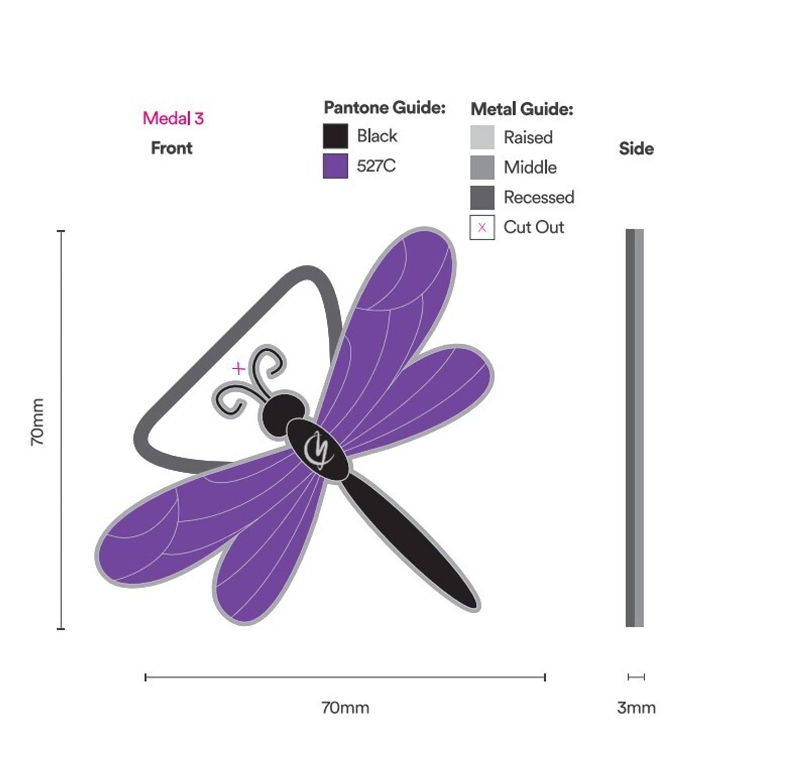 Illustration of a dragonfly medal design. The dragonfly has purple wings and a black body with a "v" symbol. The design includes a Pantone guide for color (black and 527C), a metal guide indicating raised, middle, recessed, and cut-out areas, and dimensions (70mm by 70mm, 3mm thick).