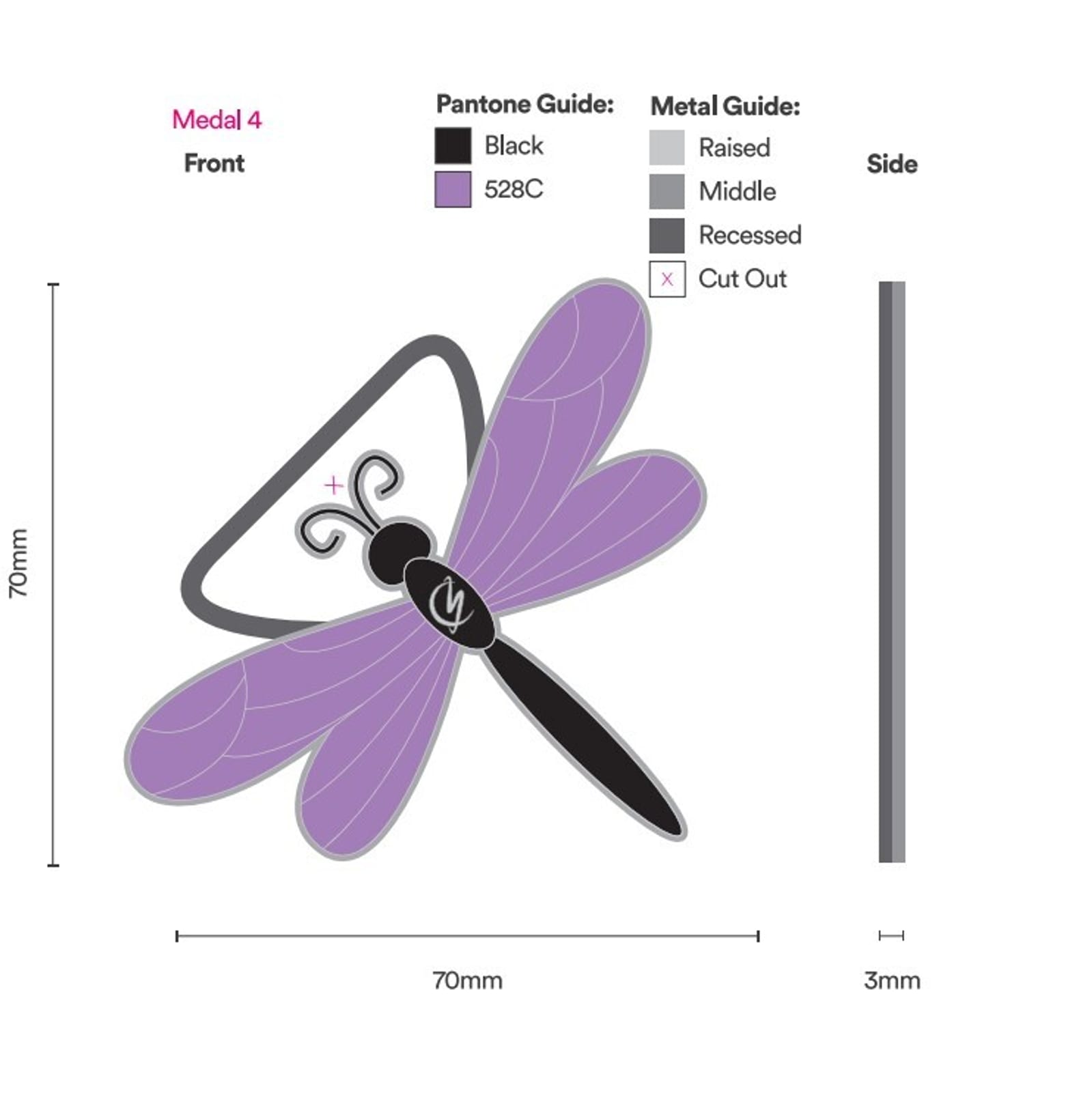Illustration of a dragonfly-shaped medal design. The body and wings have details in black and Pantone 528C purple. The medal size is 70mm by 70mm and 3mm thick. Key features are a raised central body, middle recessed black segments, and a cut-out section on the wings.
