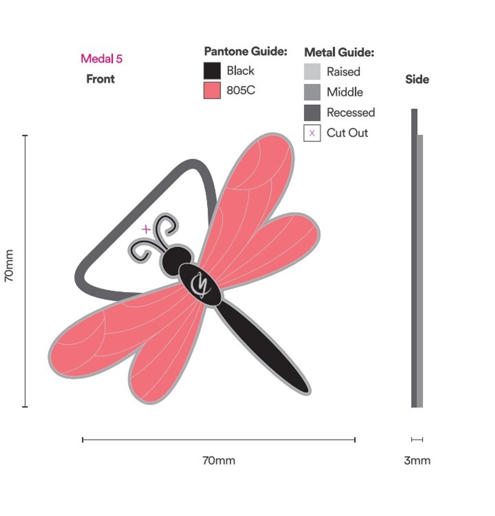 Image depicting the front and side views of a medal design in the shape of a dragonfly. The dragonfly has pink wings and a black body with intricate details. It includes measurements: 70mm in height and width, 3mm in thickness. Guides for colors and metal finishes are shown.