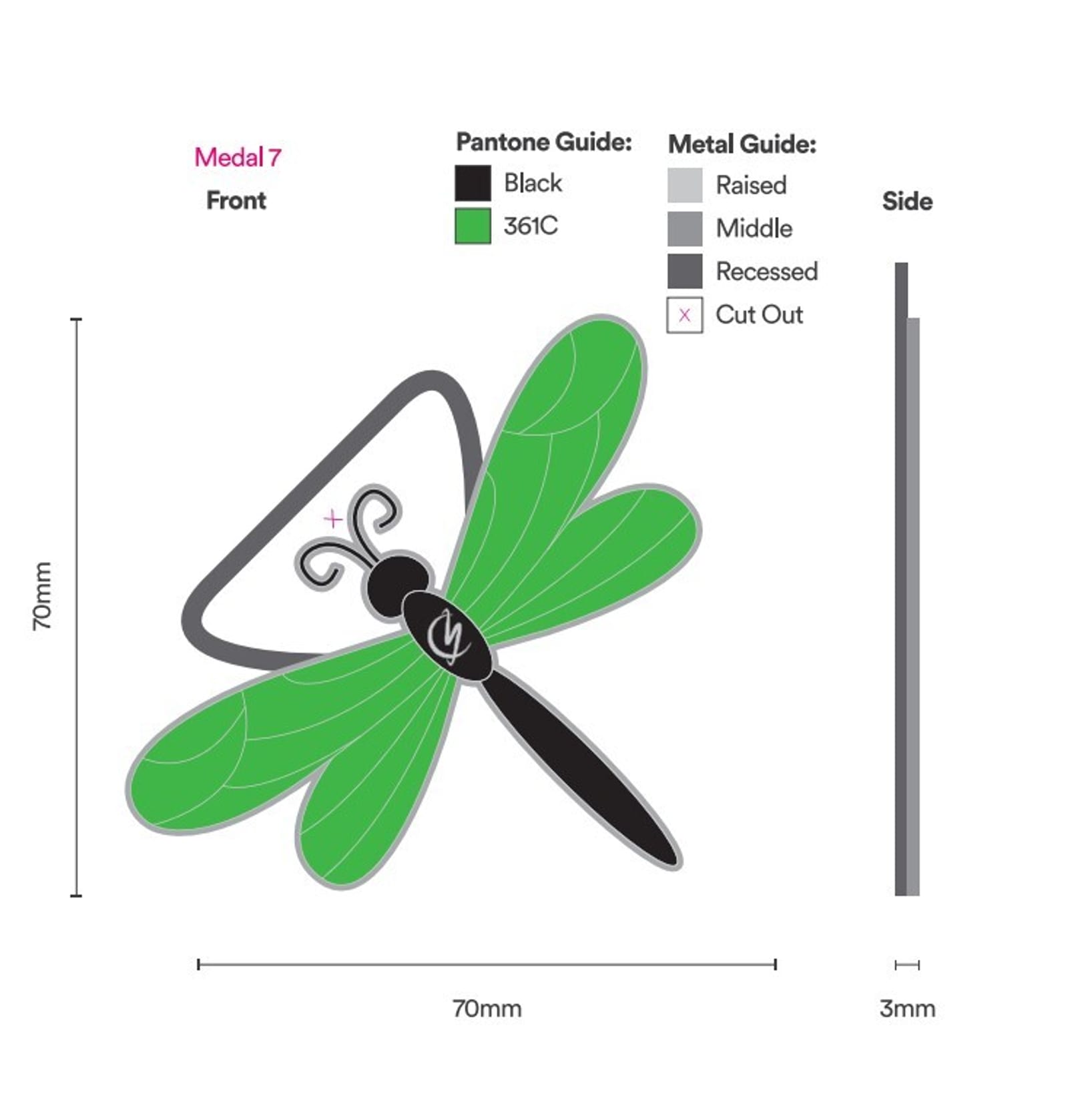 Illustration of a dragonfly-shaped medal design. The front view shows green wings with black details, 70mm wide by 70mm high. The side view (3mm thick) and color guides indicate black (Pantone 7) and green (Pantone 361C) elements with different metal finishes.