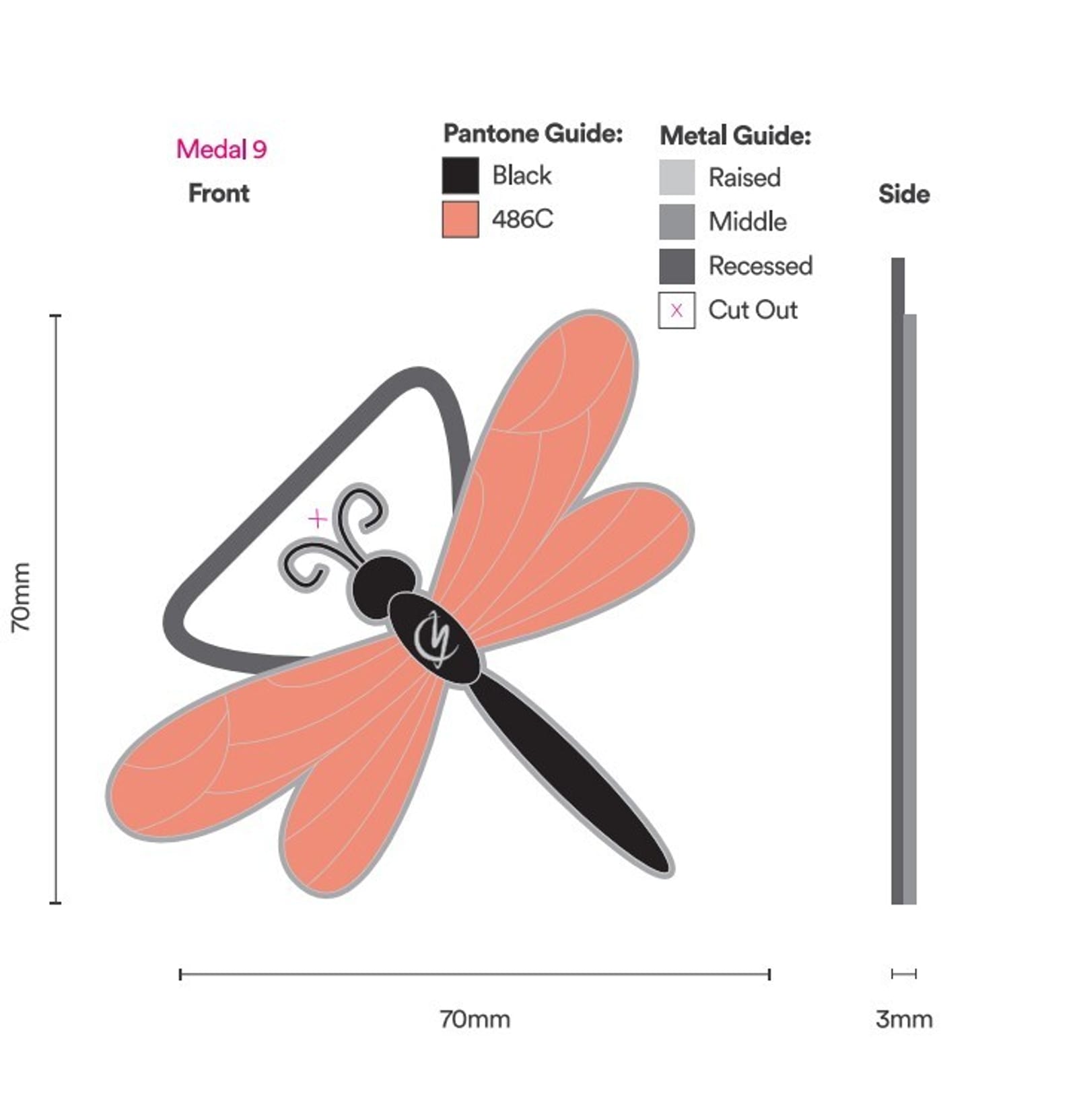 An illustration showing a 70mm x 70mm butterfly design medal. The medal has pink wings and a black body. The pantone and metal guides are displayed. The side view shows the medal's 3mm thickness, and various metal finishes are indicated: raised, middle, recessed, and cut out.