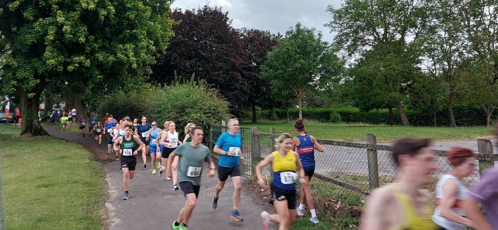 Runners participating in a race on a paved path through a park. They are spread out with greenery and trees on either side. The sky is cloudy, and the runners are wearing various numbered bibs and athletic attire.