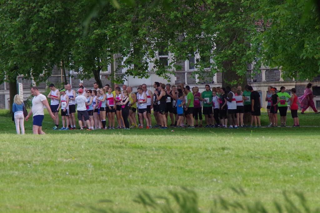 A group of runners, wearing a variety of colorful athletic clothing and numbered bibs, gather at the starting line in a park, preparing for a race. Trees and grass surround the area, and a few spectators are visible in the background.