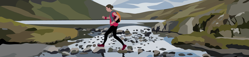 Illustration of a person hiking across a rocky stream in a mountainous landscape. The individual is dressed in a pink top, black pants, and a backpack, with a dynamic stride. The background features green hills, a calm body of water, and a cloudy sky.