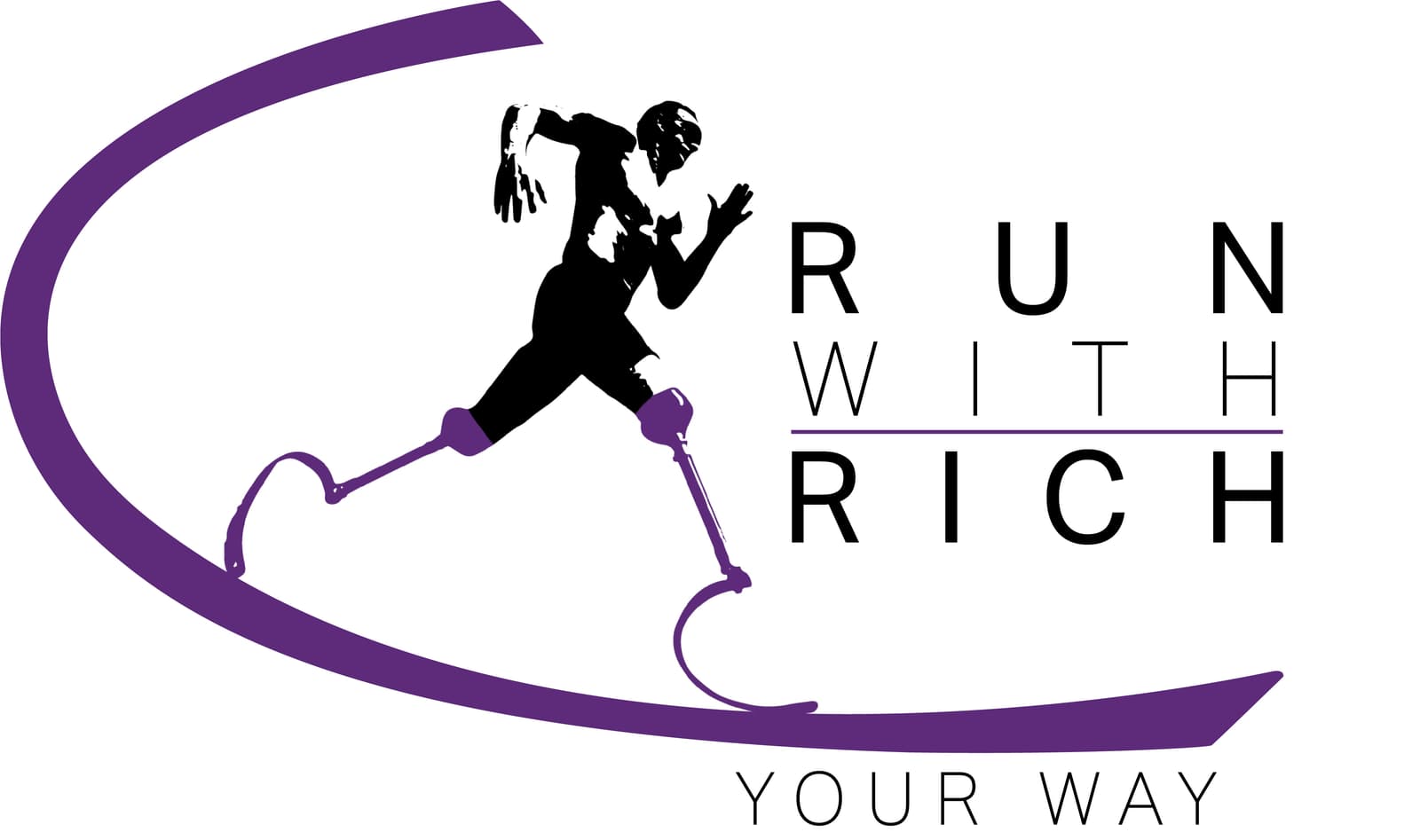 Logo for "Run with Rich" featuring a stylized design of a person running with prosthetic legs inside a purple, curved path. The text "Run with Rich" is aligned to the right and "Your Way" is written below the purple path.