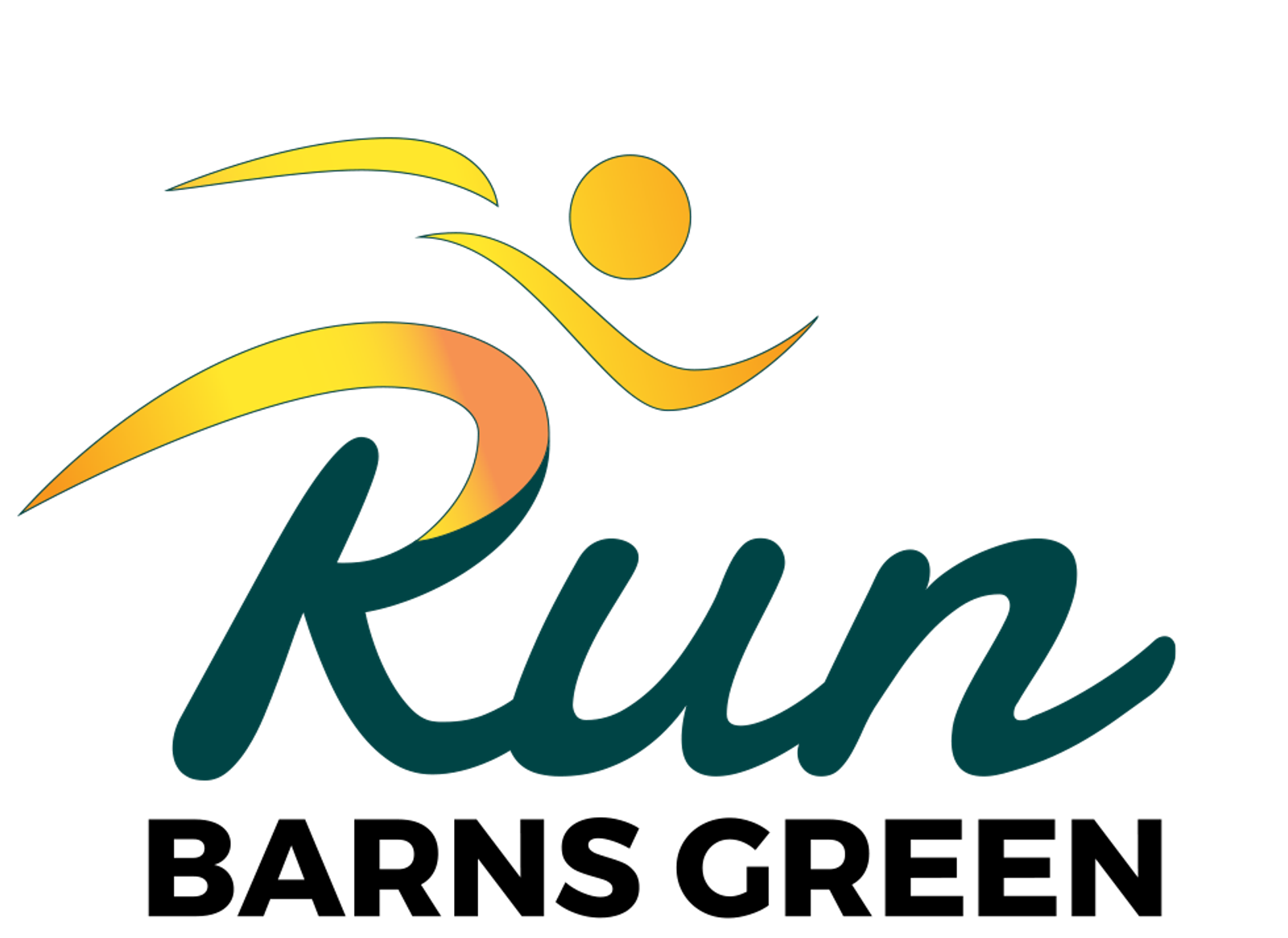 A stylized logo features a running figure in yellow and orange gradient above the word "Run" written in teal, cursive text. The figure's shape and movement lines symbolize speed and agility. The background is transparent.