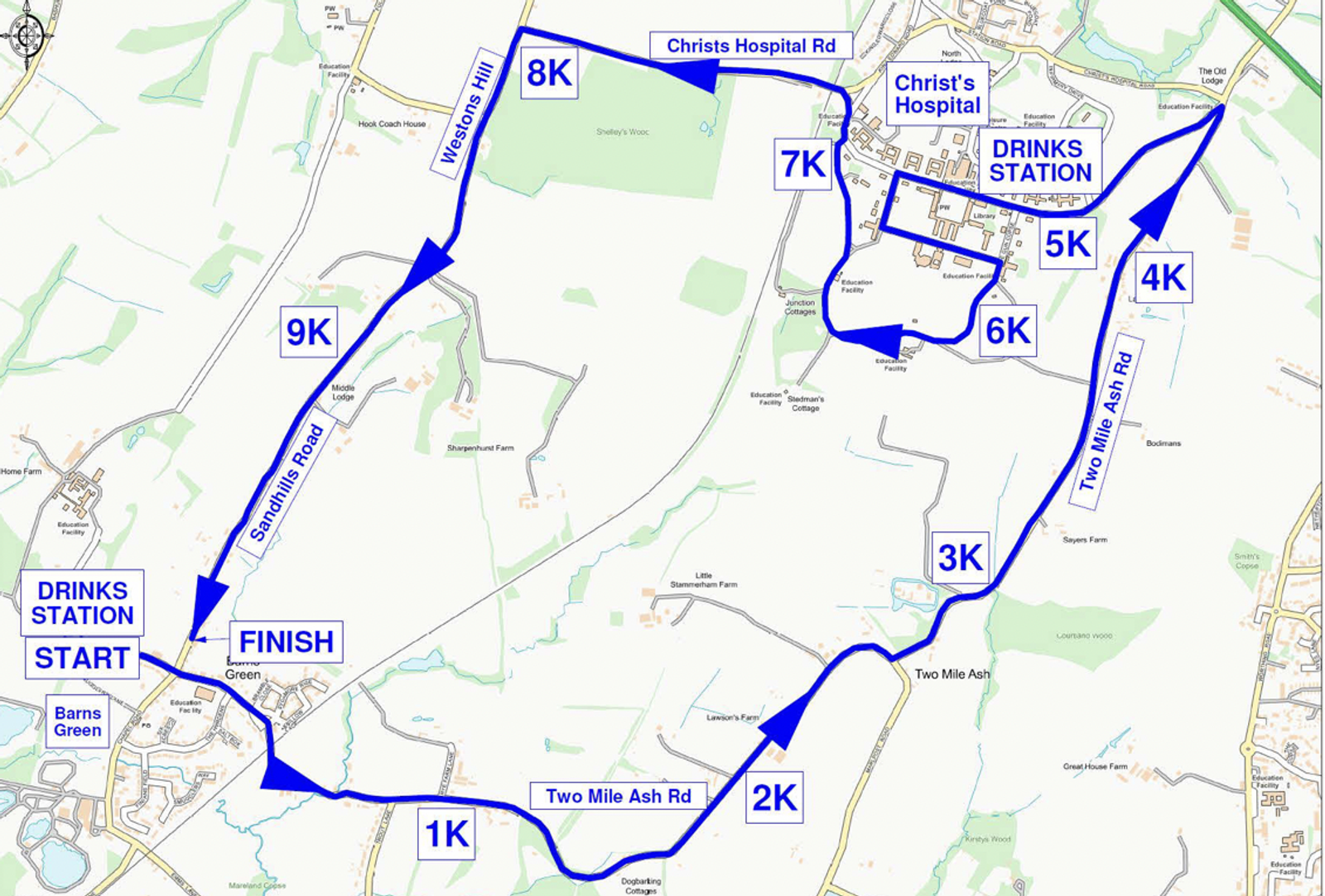 A marathon route map through various roads, starting and finishing at Green Park in Barns Green. The route includes kilometers marked from 1K to 9K with drink stations at the start, near 5K, and at Christ's Hospital School. Key roads include Two Mile Ash Rd and the A264.