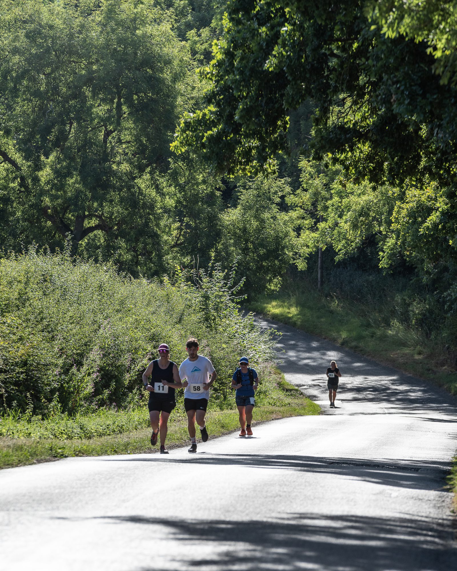 Four runners are participating in a race on a sunlit, winding road flanked by lush green trees and bushes. Three runners are in the foreground, wearing numbered bibs 47, 58, and 5, while a fourth runner is farther down the road. The scene is serene and vibrant.