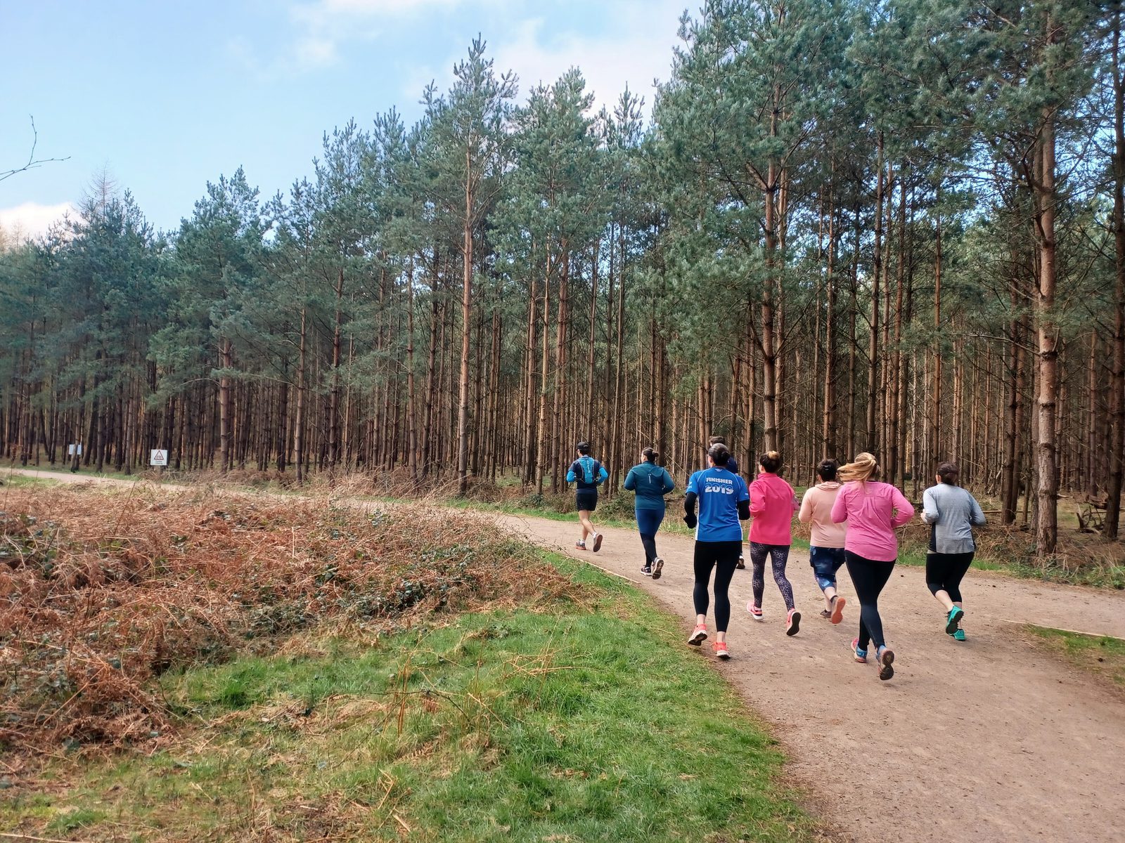 A group of people jogs along a dirt trail through a dense forest. Most are wearing colorful athletic clothing. Tall trees line the path on both sides, and the sky above is partly cloudy. Bushes and grass are visible in the foreground.