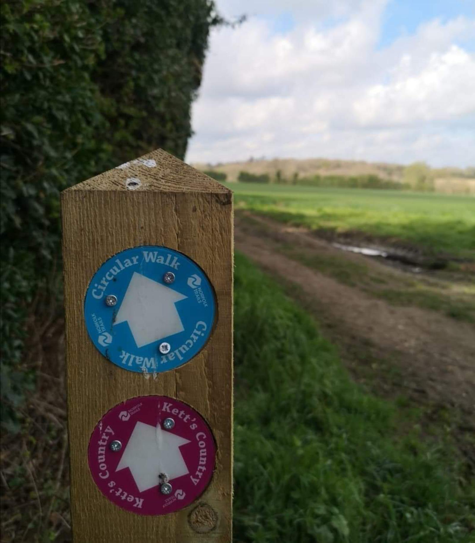 A wooden post with two circular signs that have arrows pointing forward and text reading "Circular Walk" and "Kett's County" marks a walking trail. The trail leads through a green field with bushes on the left and a partly cloudy sky in the background.