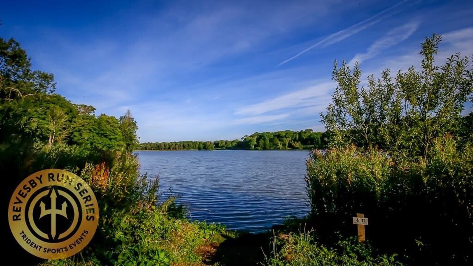 A tranquil lake is surrounded by lush green trees and dense vegetation under a clear blue sky. A trail with a wooden sign marked "42" leads to the lake. In the bottom-left corner, a "Revesby Run Series" logo by Trident Sports Events is visible.