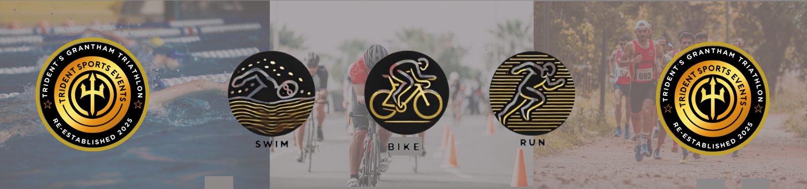 A banner shows the Kesteven & Grantham Sports Triathlon logo and three icons representing swimming, cycling, and running, with faded images of people swimming, biking, and running in the background.