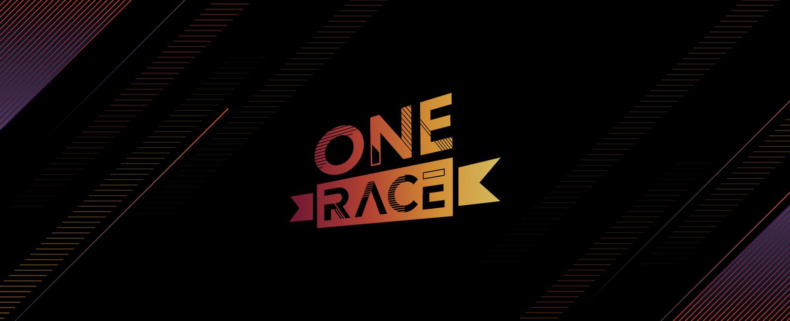 Abstract graphic with diagonal lines in various shades of orange, red, and yellow on a black background. Bold text in the center reads "ONE RACE" with the word "ONE" in block letters and the word "RACE" on a ribbon graphic in the same warm color palette.