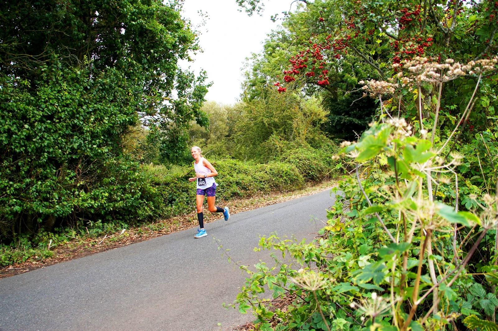 A person in athletic gear is running on a paved road surrounded by lush greenery and trees. The scene is bright and appears to be taken during the day, with a mix of various plants in the foreground and background.
