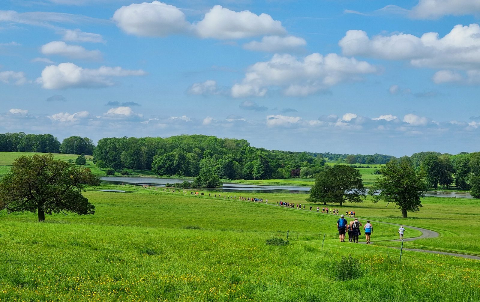 A lush, green landscape with a group of people walking along a path. The scene includes rolling hills, large trees, and a river. The sky is bright blue with scattered white clouds. The group appears to be part of an organized event.