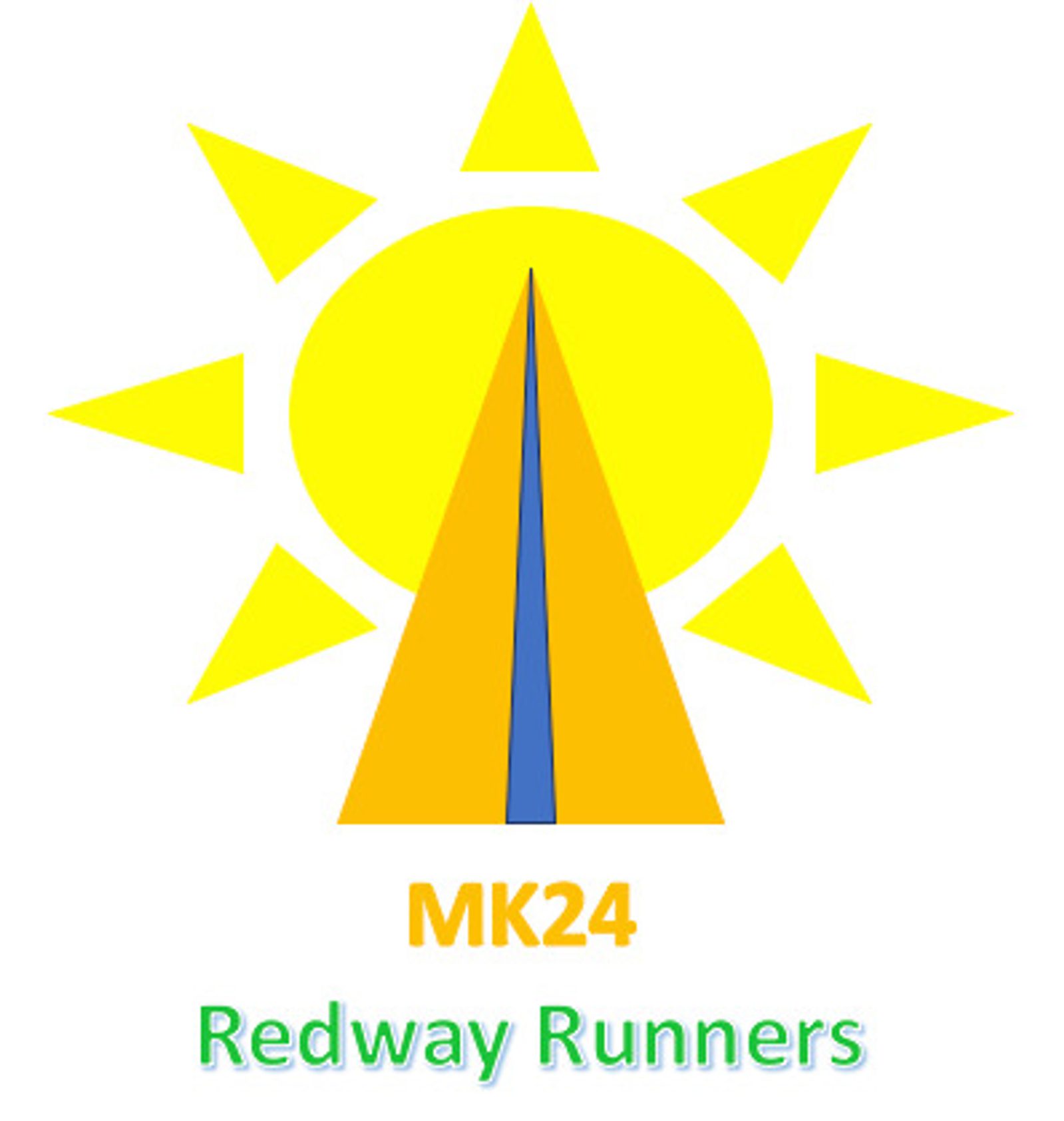 A logo featuring a stylized yellow sun with triangular rays. Inside the sun, there's an orange triangle with a blue center line pointing downwards. Below the sun, the text reads "MK24" in yellow and "Redway Runners" in green.