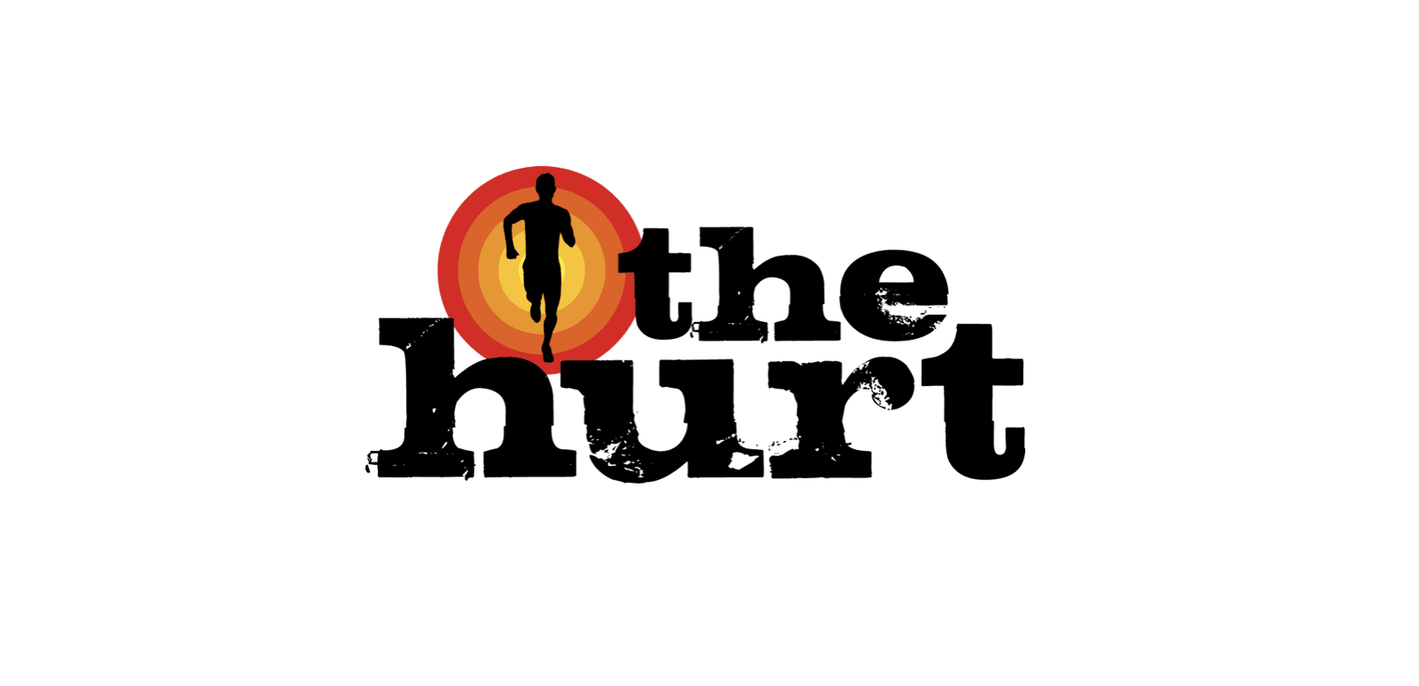 Logo with the words "the hurt" in bold, distressed black font. The letter "u" contains a silhouette of a running person against a red and orange circular background.