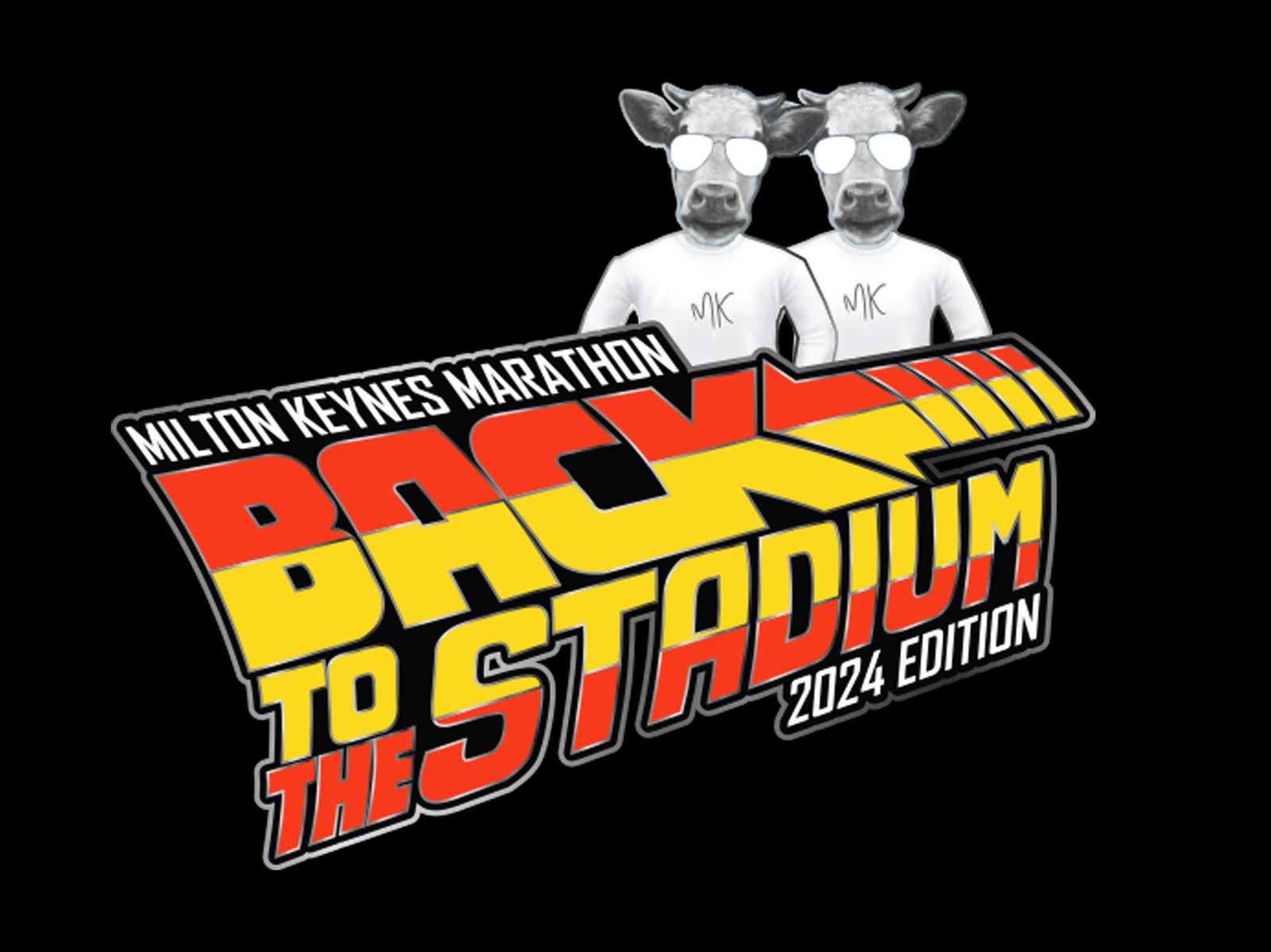 Logo for the Milton Keynes Marathon 2024 edition, featuring the text "Back to the Stadium" in bold, colorful retro-style letters. Two cows wearing sunglasses and white shirts with "MK" logos are above the text.