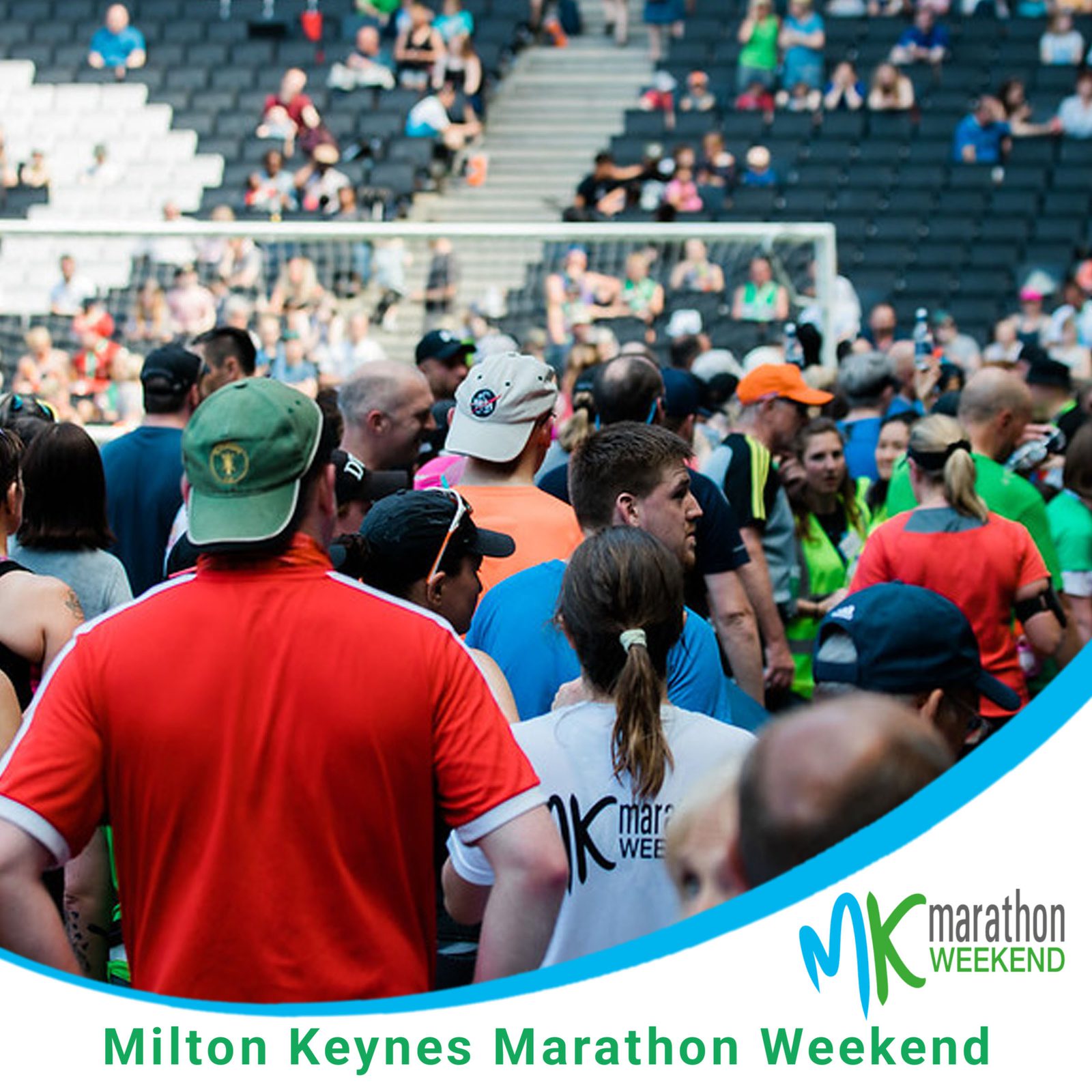 A large crowd of runners preparing for a marathon inside a stadium. Many are wearing athletic gear with "MK Marathon Weekend" logos. The Milton Keynes Marathon Weekend branding is prominently displayed at the bottom of the image.
