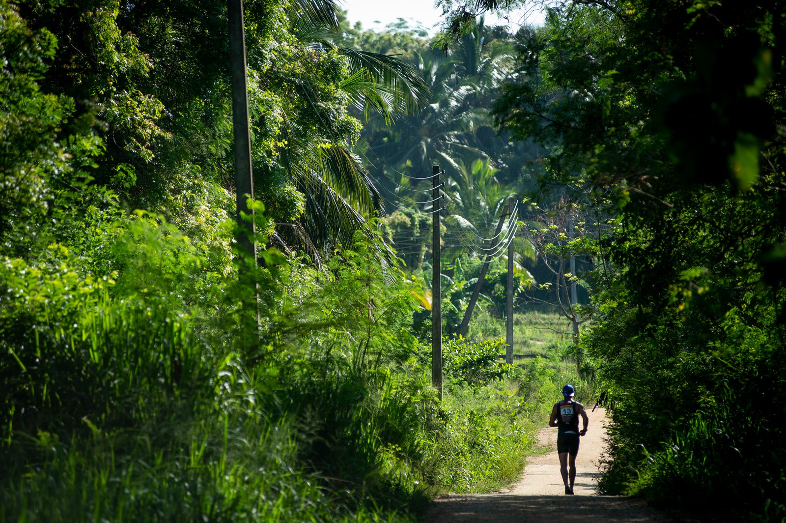 A lone runner is seen from behind jogging down a narrow, dirt path surrounded by dense, lush green vegetation and tall trees under a clear sky. The overall scene exudes tranquility and connection with nature.