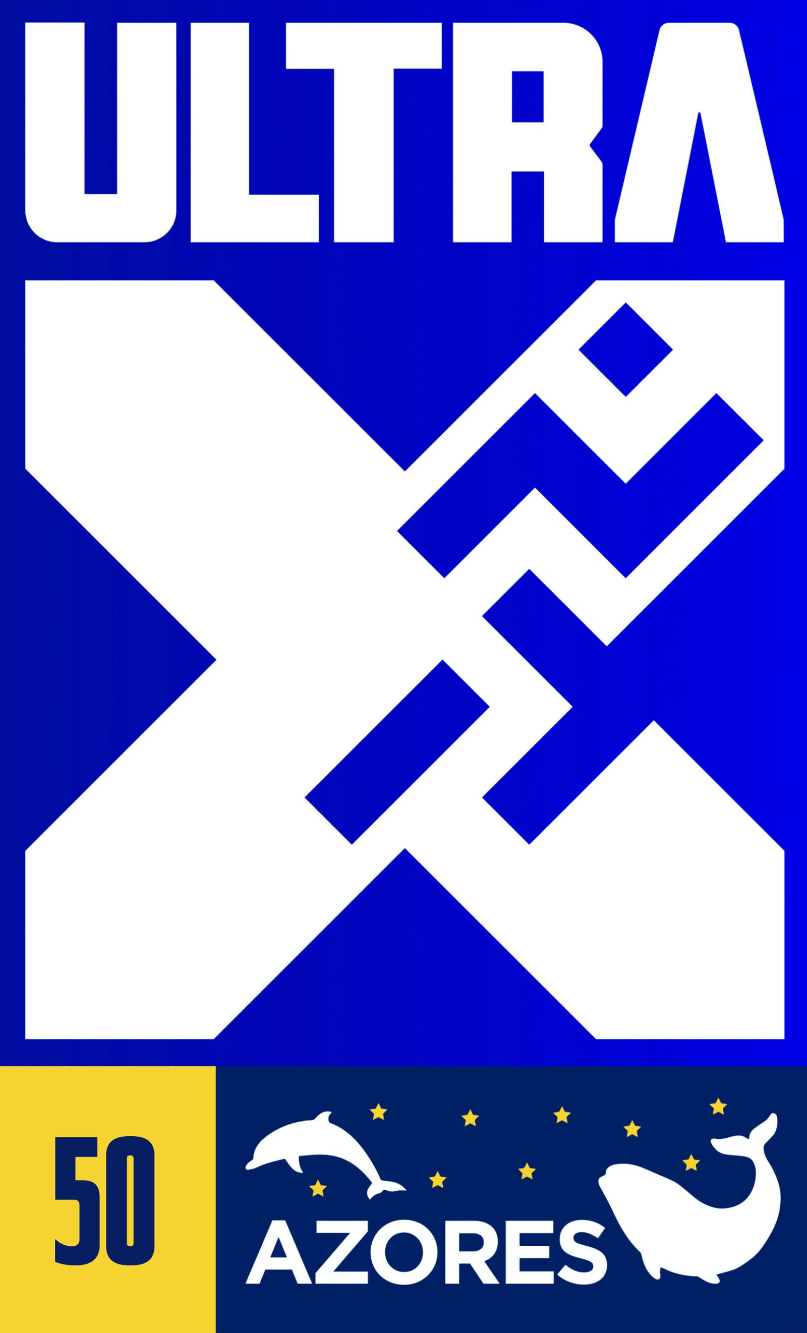 A bold blue and white event logo for Ultra X Azores. It features stylized text "ULTRA X" with the number "50" below. Dolphins, stars, and a whale graphic accompany the text "AZORES" at the bottom.