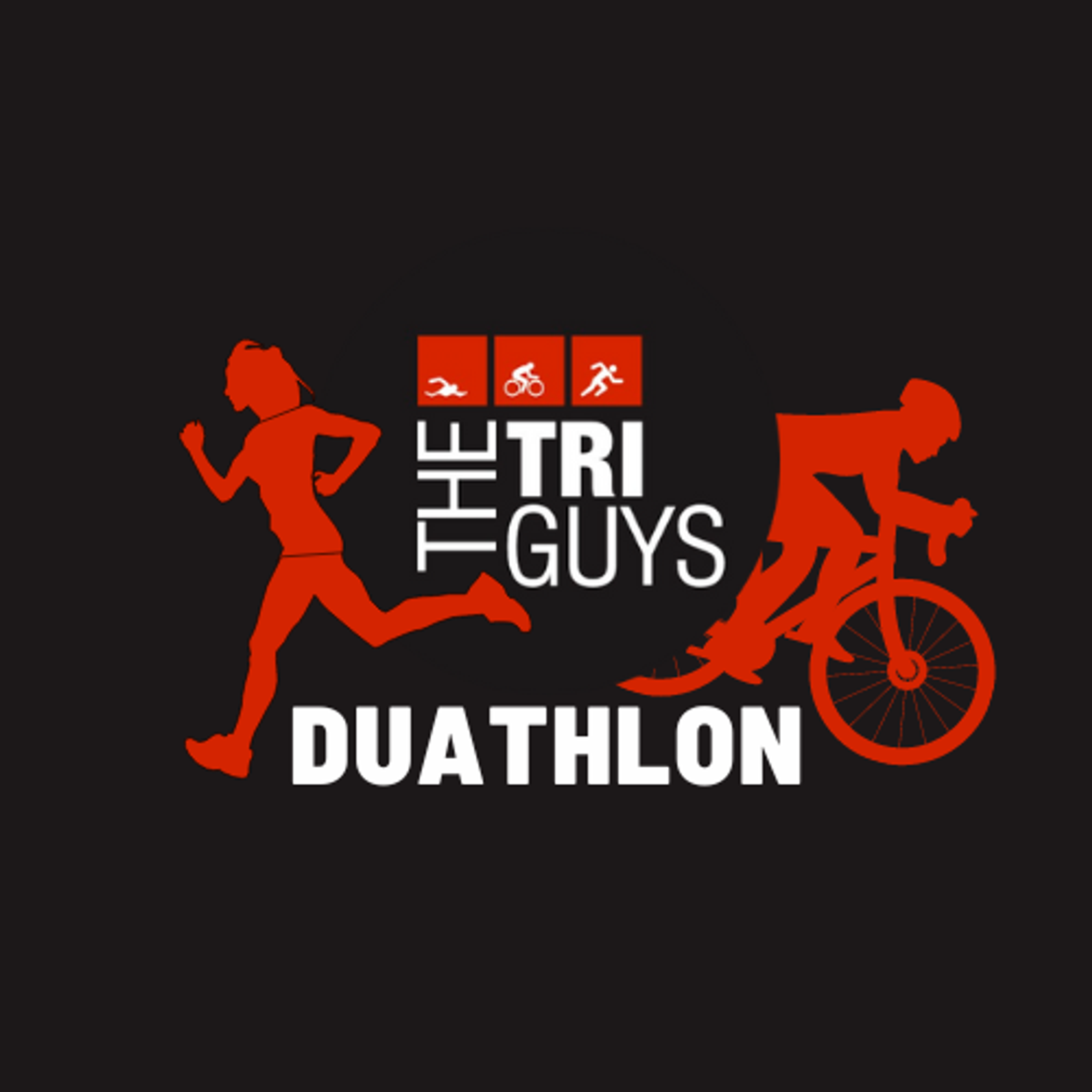 A logo for "The Tri Guys Duathlon" featuring a silhouette of a female runner on the left and a silhouette of a male cyclist on the right, with three icons above depicting swimming, cycling, and running activities. The text is white and red on a black background.