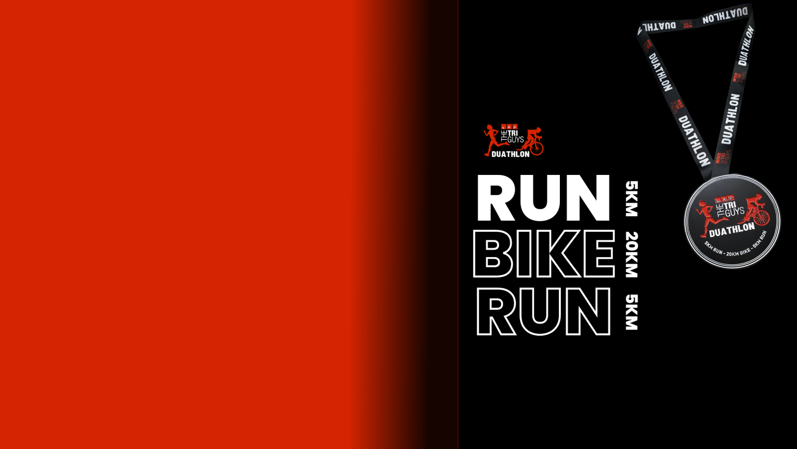 A graphic promoting a duathlon event. The left side is a red gradient, and the right side is black with white text: "RUN, BIKE, RUN" and distances "5KM, 20KM, 5KM." At the top, there's text "SPIN & SPEED DUATHLON." Below is a medal with the event name on a striped ribbon.